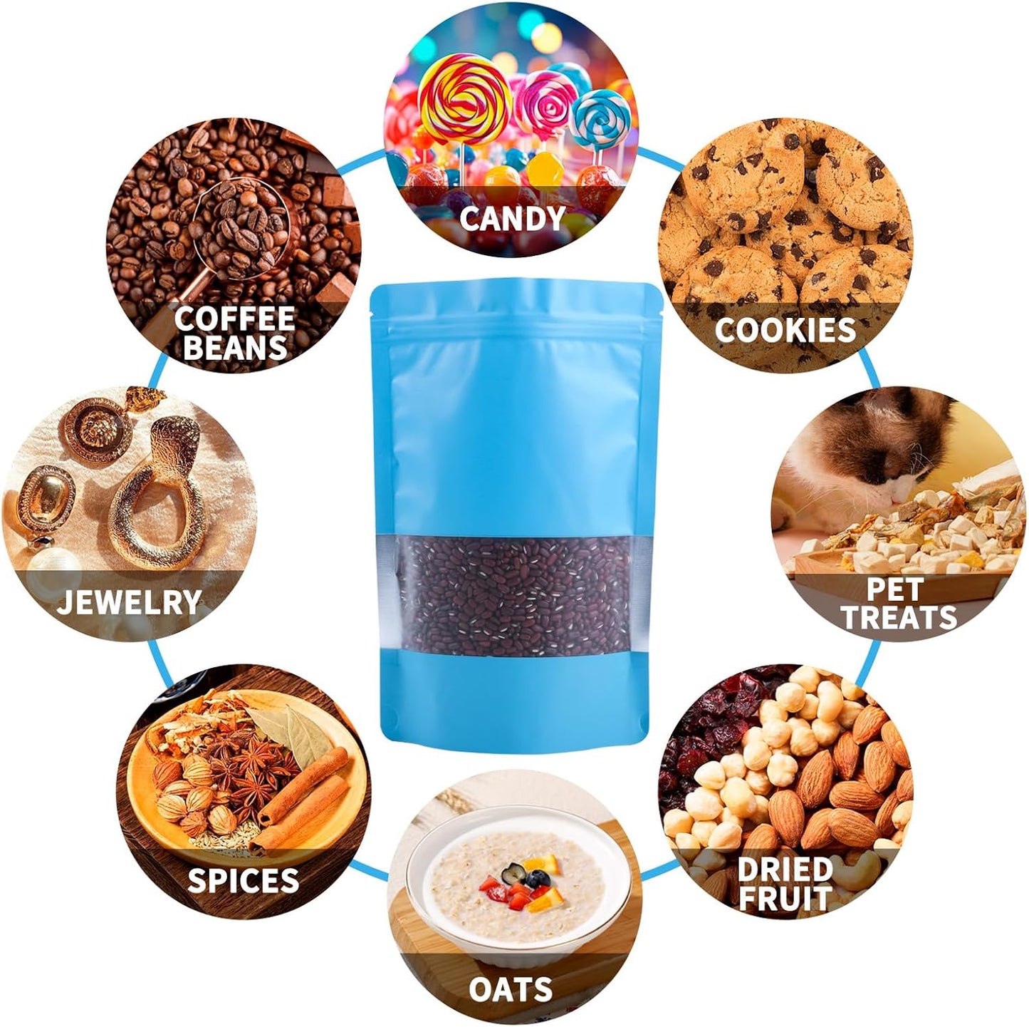 100 Pack Smell Proof Bags, Resealable Blue Mylar Bags with Matte Window, Foil Pouch Stand Up Sealable Bags for Packaging, 3.93 × 5.9 Inch