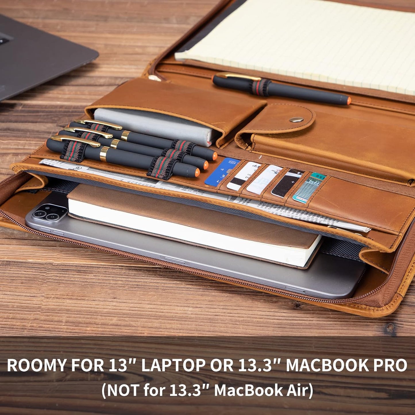 Genuine Leather Portfolio with Front Pocket for Men and Women, Zippered Padfolio Binder 8.5 x 11 Legal Pad Notebook Holder, Fits 13” Laptop, Professional Work File Case, Brown