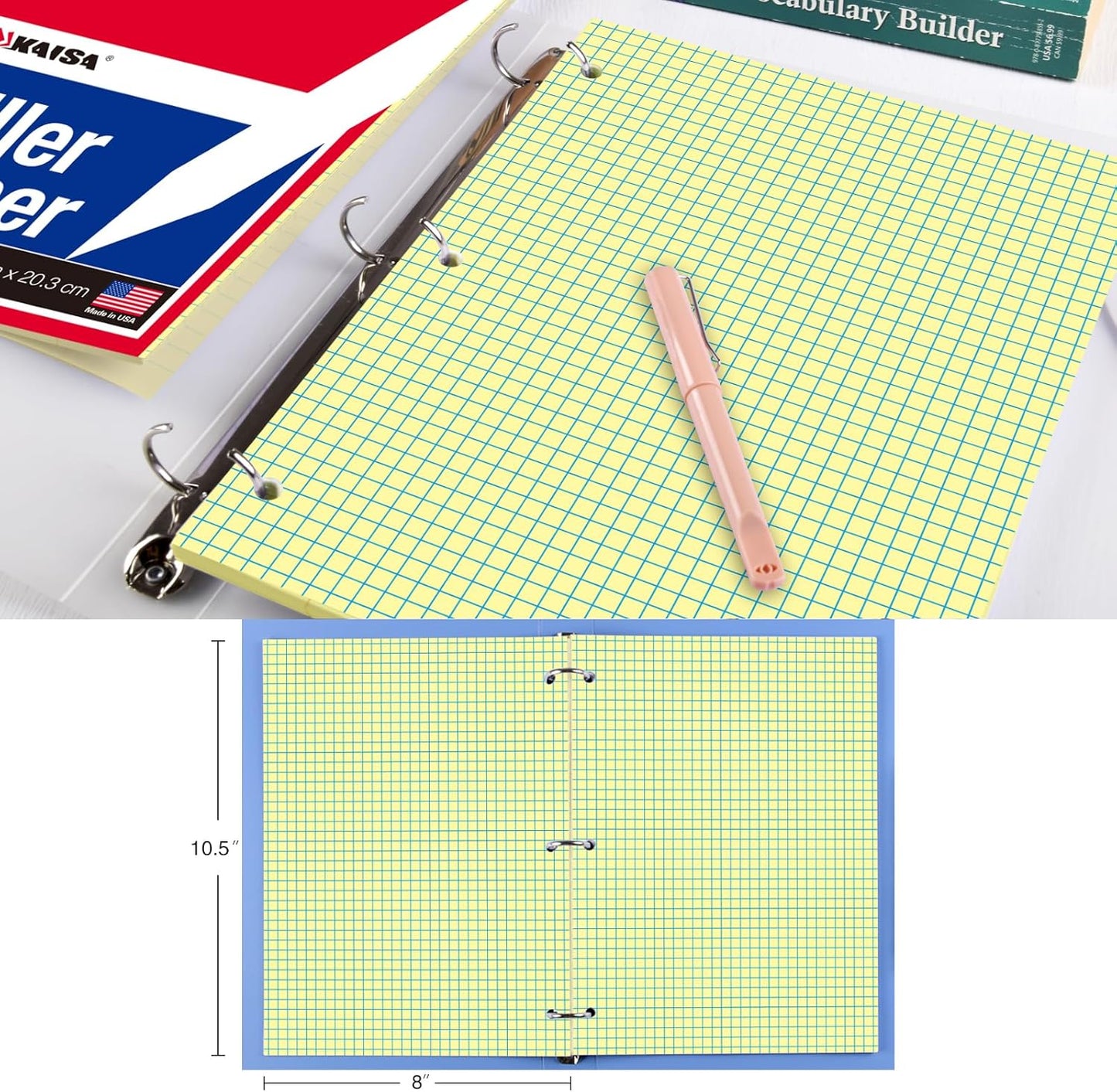 KAISA Loose Leaf Notebook Paper, 4x4 Quad Graph Ruled, 300 Sheets Per Lined Paper, 8" x 10.5", 3 Hole Punched for 3 Ring Binder, Canary, Made In USA