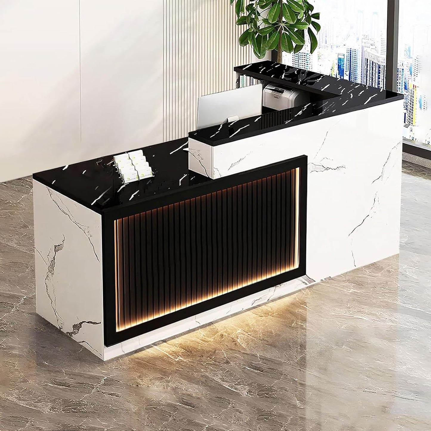Modern Reception Desk with Counter and Drawer Office Front Desk with Cabinet Wooden Commercial Reception Table Checkout Counter for Retail Salon Lobby White and Black Left 71inch/180cm