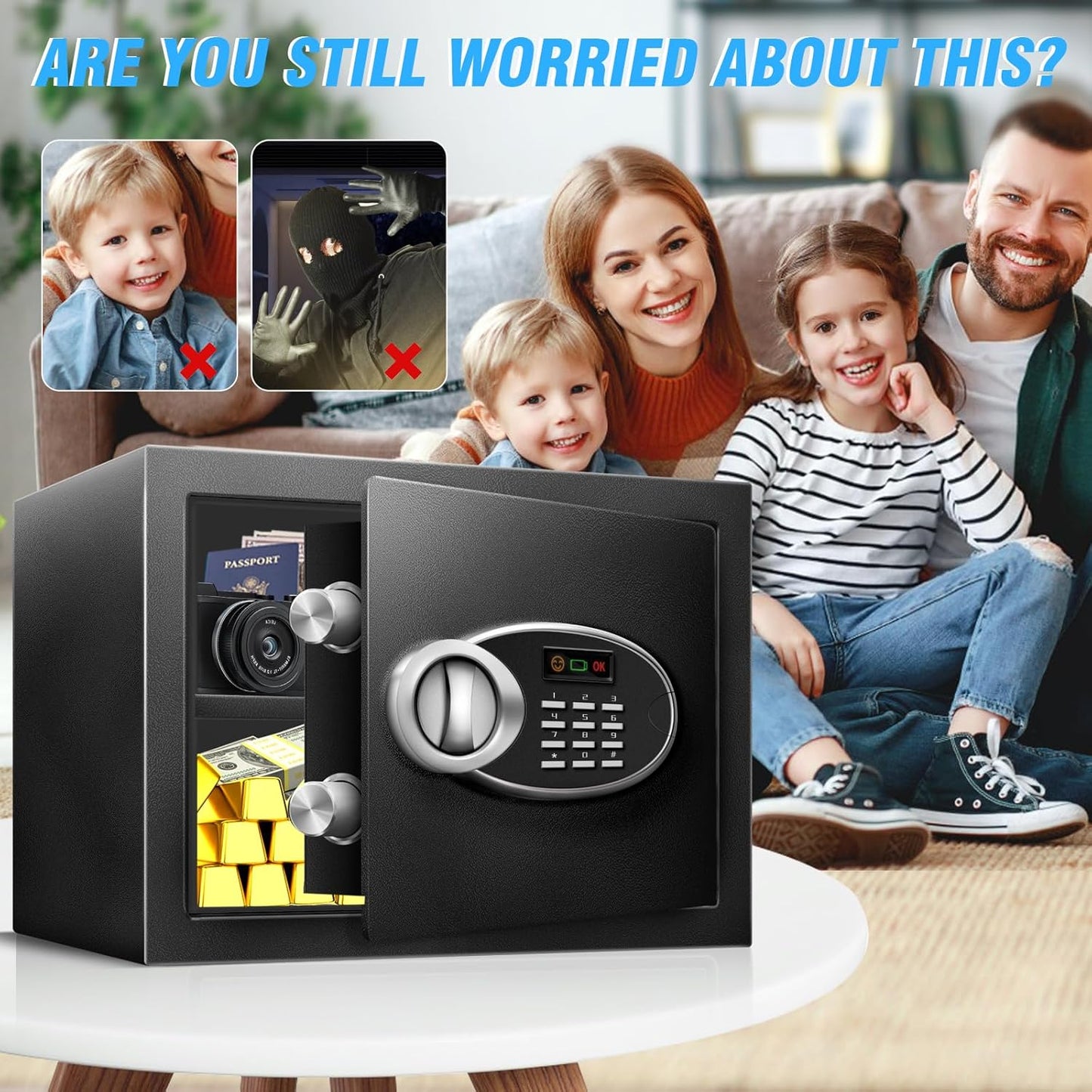 1.8 Cu Ft Safe Box with Fireproof Waterproof for Documents - Steel Security Personal Safe with Digital Electronic Keypad, Emergency Battery Box & Combination Lock, Safety Box for Valuables Money Cash