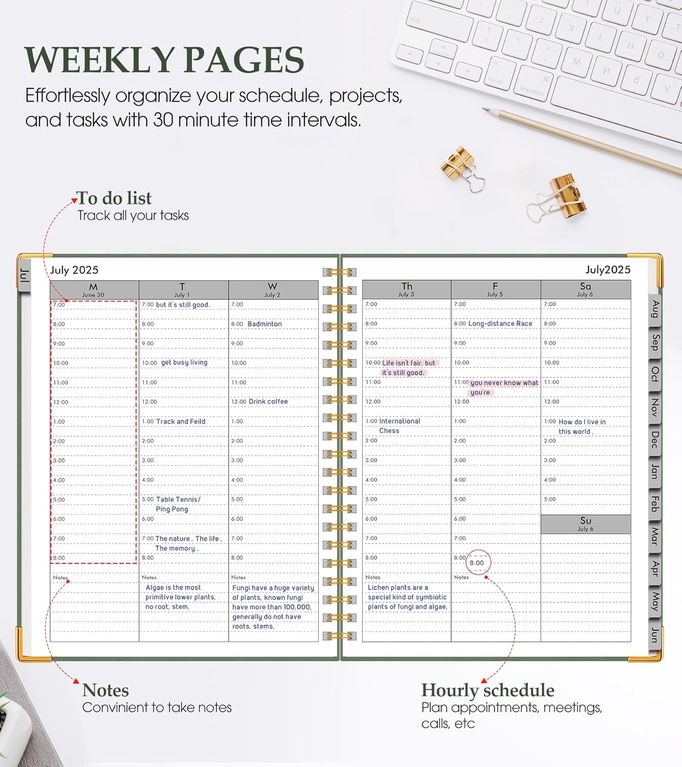 Academic Planner 2025-2026, Weekly and Monthly Calendar Planner from July 2025 - June 2026, 8.5" x 11" Hardcover Leather Hourly Appointment Book with Tabs, Spiral Daily Planners for College School Teacher Student, Green