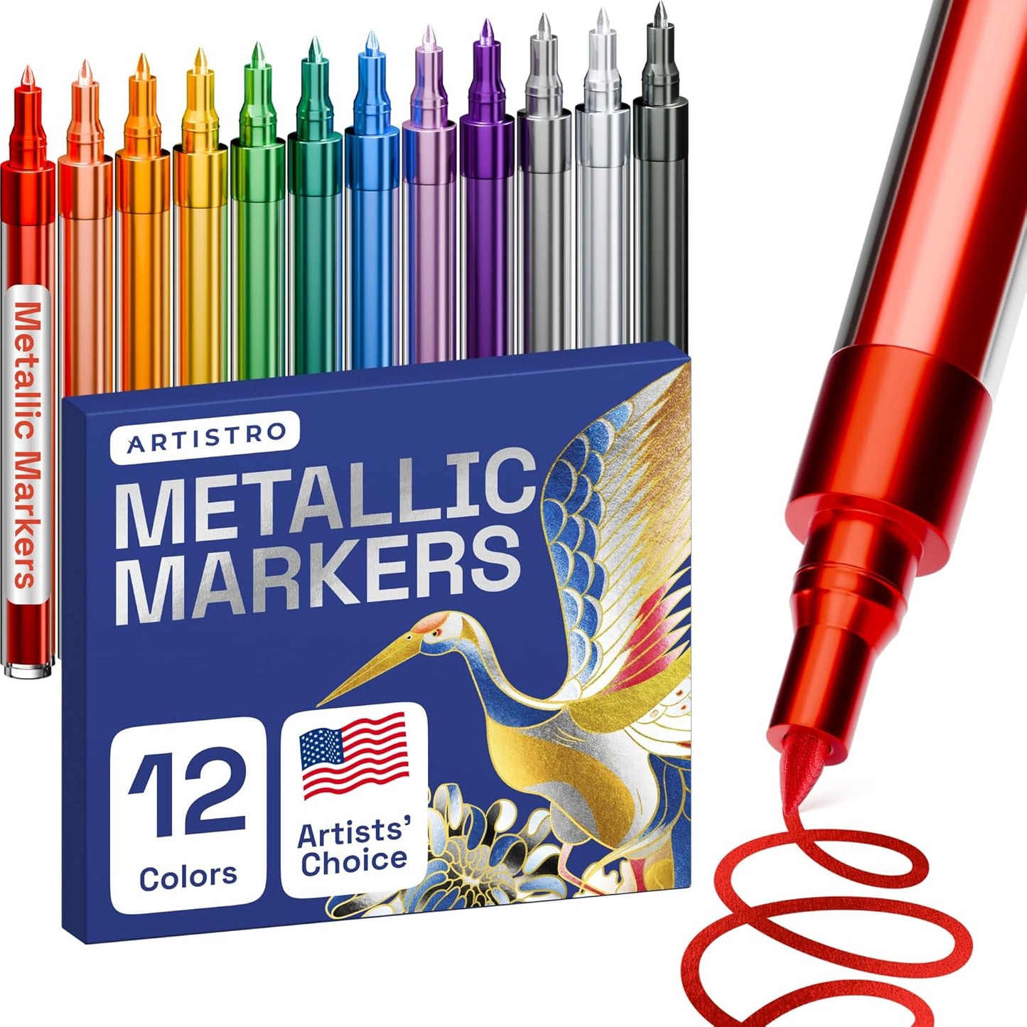 ARTISTRO 12 Metallic Paint Pens for Glass, Rock Painting, Ceramic, Wood, Fabric, Pebbles, Scrapbook Journals, Photo Albums, Card Stocks - Acrylic Paint Markers Extra-Fine Tip 0.7mm