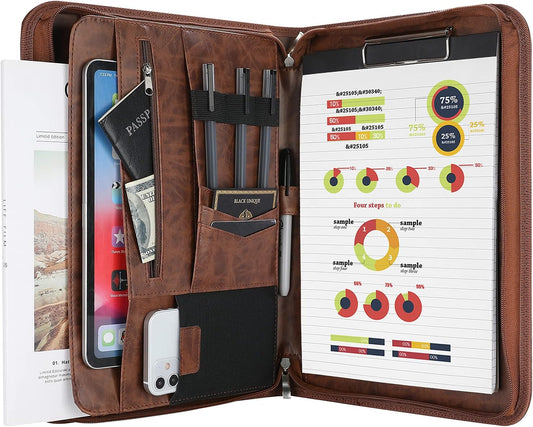 ProCase Portfolio Business Padfolio Folder with Zipper, Conference Meeting Executive File Legal Document Organizer with Pockets Letter Size A4 Writing Pad Notepad Padfolio -Brown