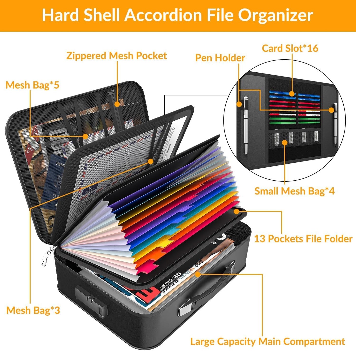 Hard Case Fireproof Document Box, Important File Organizer with Lock Waterproof Zipper, Portable Home Office Travel Storage Accordion Folder for Letter A4 Laptop Files