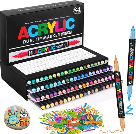 84 Colors Dual Tip Acrylic Paint Pens, 0.5-5MM Brush Tip & 1 MM Fine Tip Acrylic Paint Markers for Stone, Glass, Canvas, Rocks, Wood & More – Vibrant paint Markers and PAINT PENS for Crafting & DIY