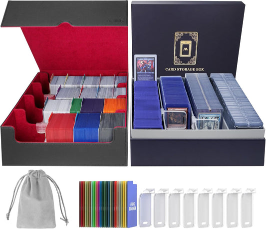 AFIING Trading Card Storage Box 6000+ Capacity – DIY Toploader Case w/ 24 Dividers & 8 Supports, Fits 3x4 Rigid Card, Deck Box for MTG TCG Sports Cards– Black & Red