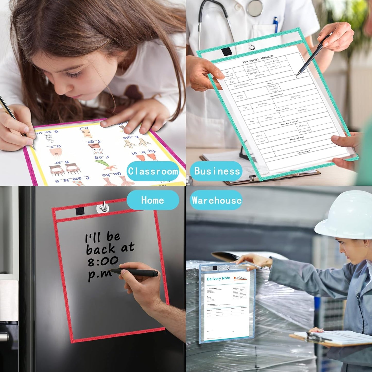 Antner 30 Pack Oversized Dry Erase Pockets Sleeves Reusable Ticket Holders, Clear Plastic Sheet Page Protectors, Heavy Duty Work Pockets School Teacher Classroom Office Organization Supplies, 10 Color