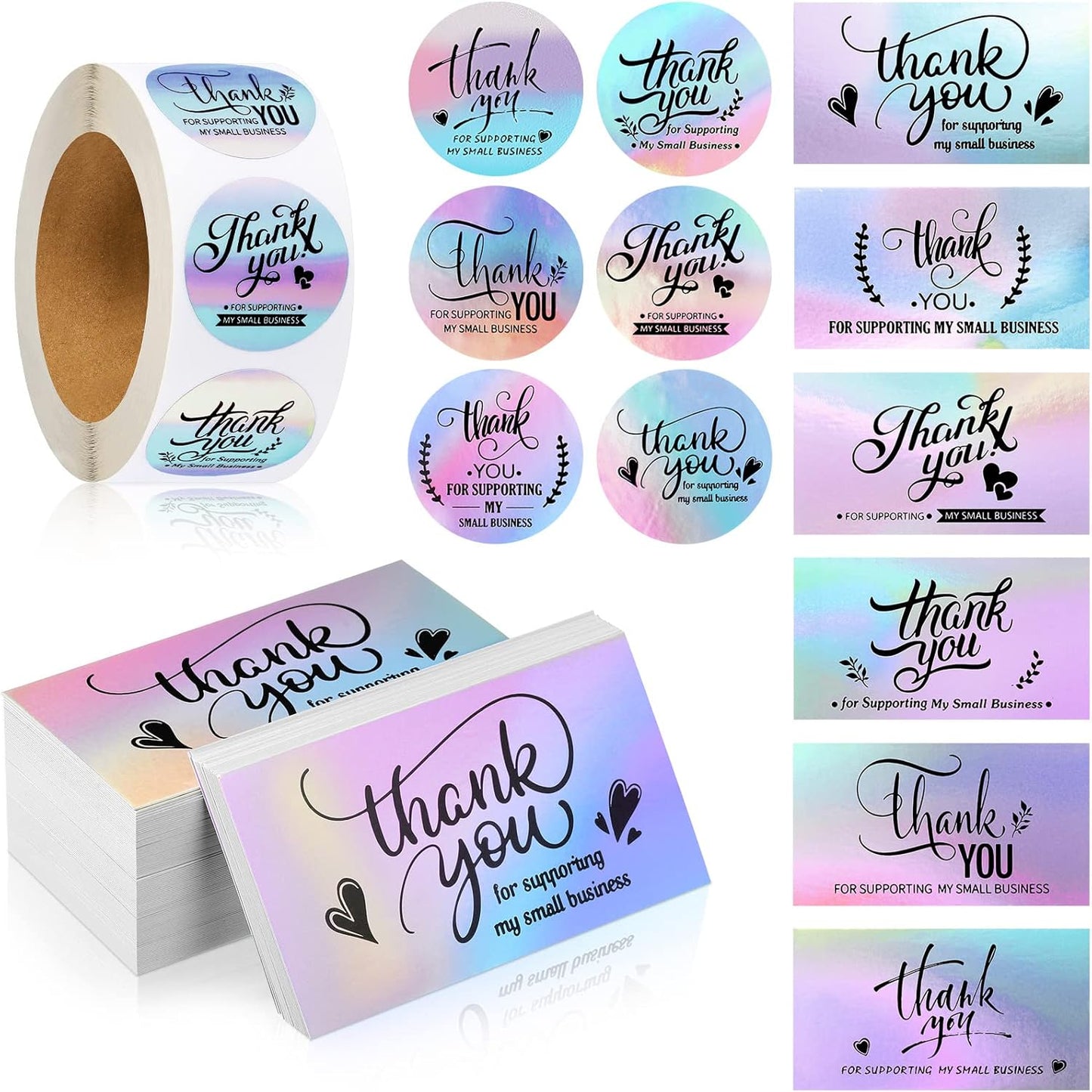 1120 Pcs Thank You Cards and Stickers Set, Include 120 Business Card 1000 Roll Labels Thank You for Supporting My Small Business Stickers Package Insert(Holographic Style)