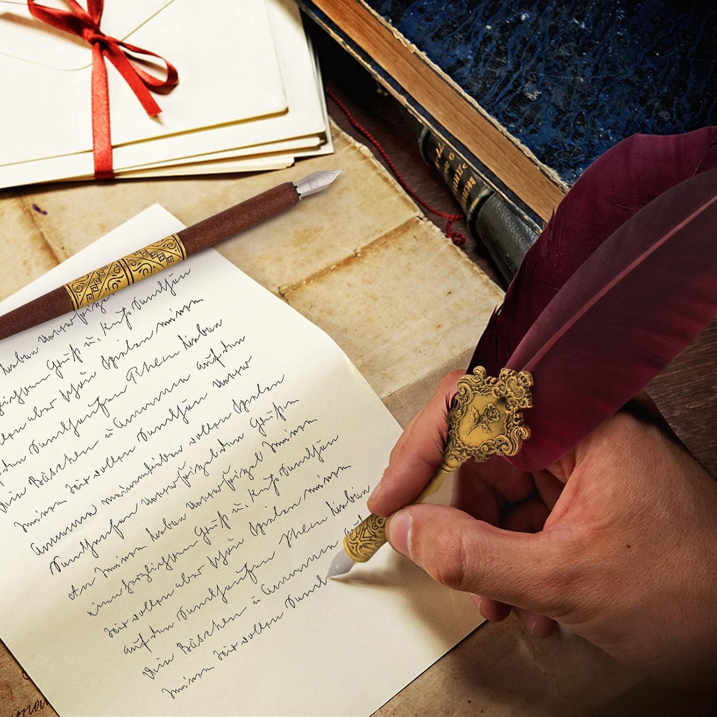 Hethrone Feather Pen and Ink Set - Quill Pens Calligraphy Pen Set Fountain Dip Pen