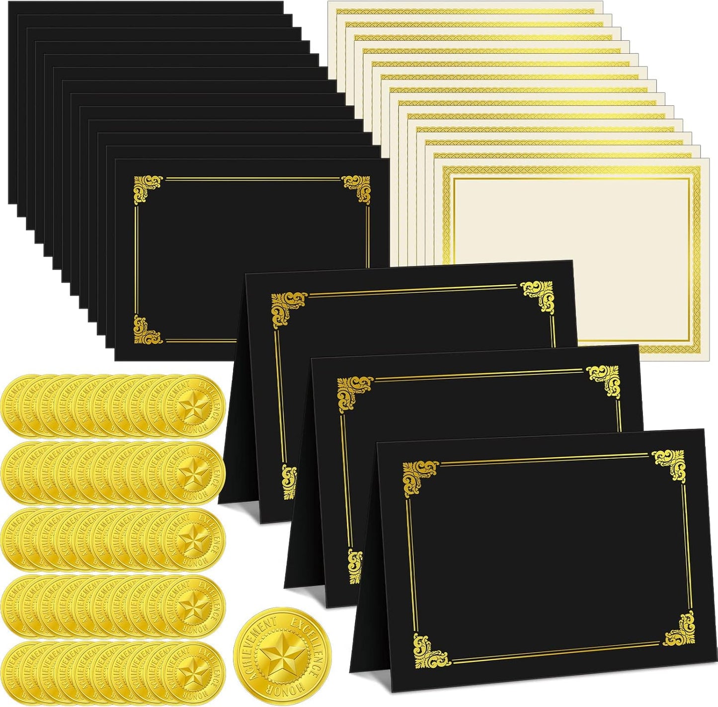 150 Pcs Certificate Kit Include 50 Certificate Holders 50 Paper and 50 Embossed Seal Stickers Diploma Covers for Graduation, Competition Supplies(Black)