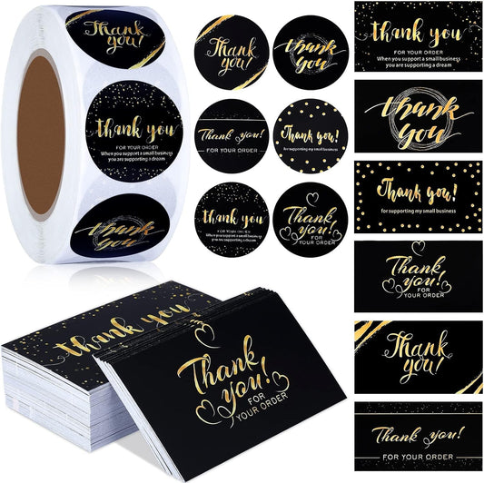 1120 Pcs Thank You Cards and Stickers Set, Include 120 Business Card 1000 Roll Labels Thank You for Supporting My Small Business Stickers Package Insert(Fresh Style)