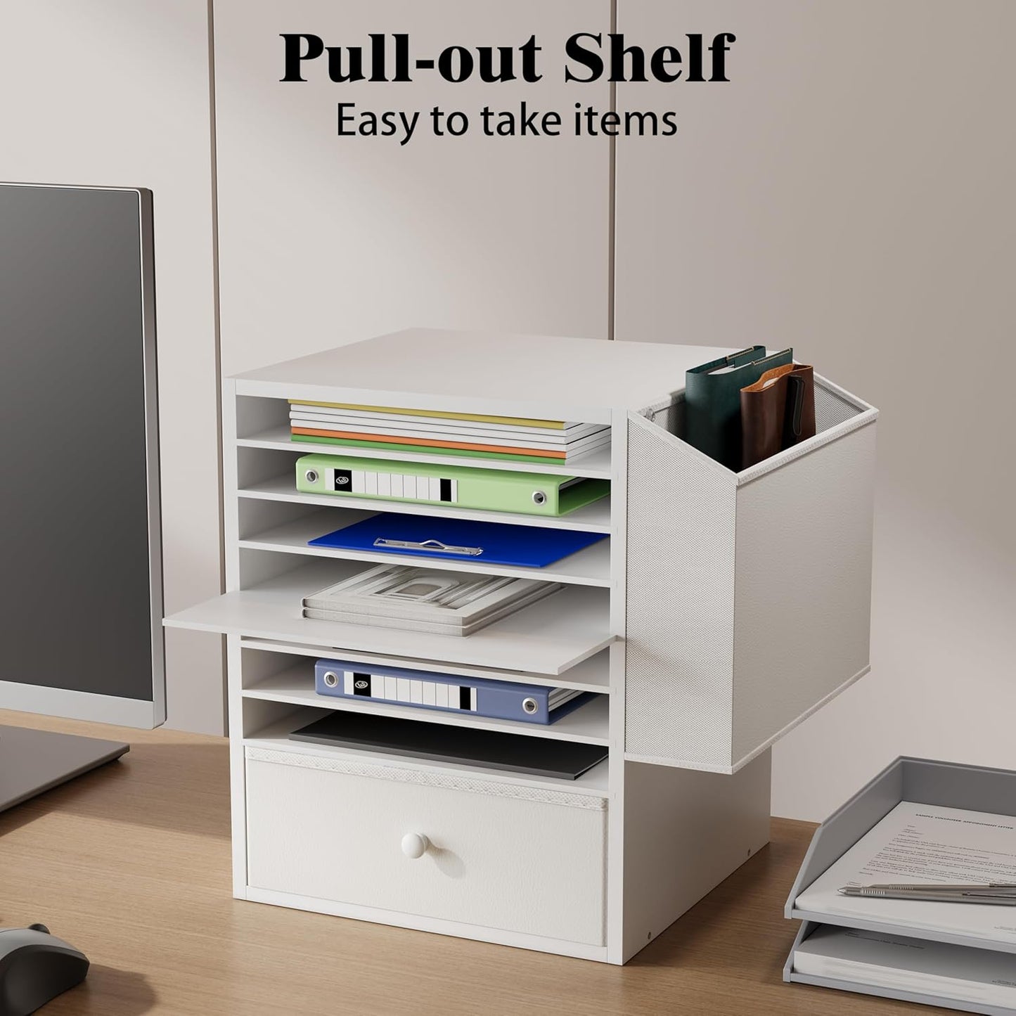 7 Tier Adjustable Countertop Mail Sorter with Drawer, Office Mailboxes With Name Slots, 12 X 12 Paper Storage Slot, Office Desk File Organizer, Wooden Desktop Mailbox For Classroom, White