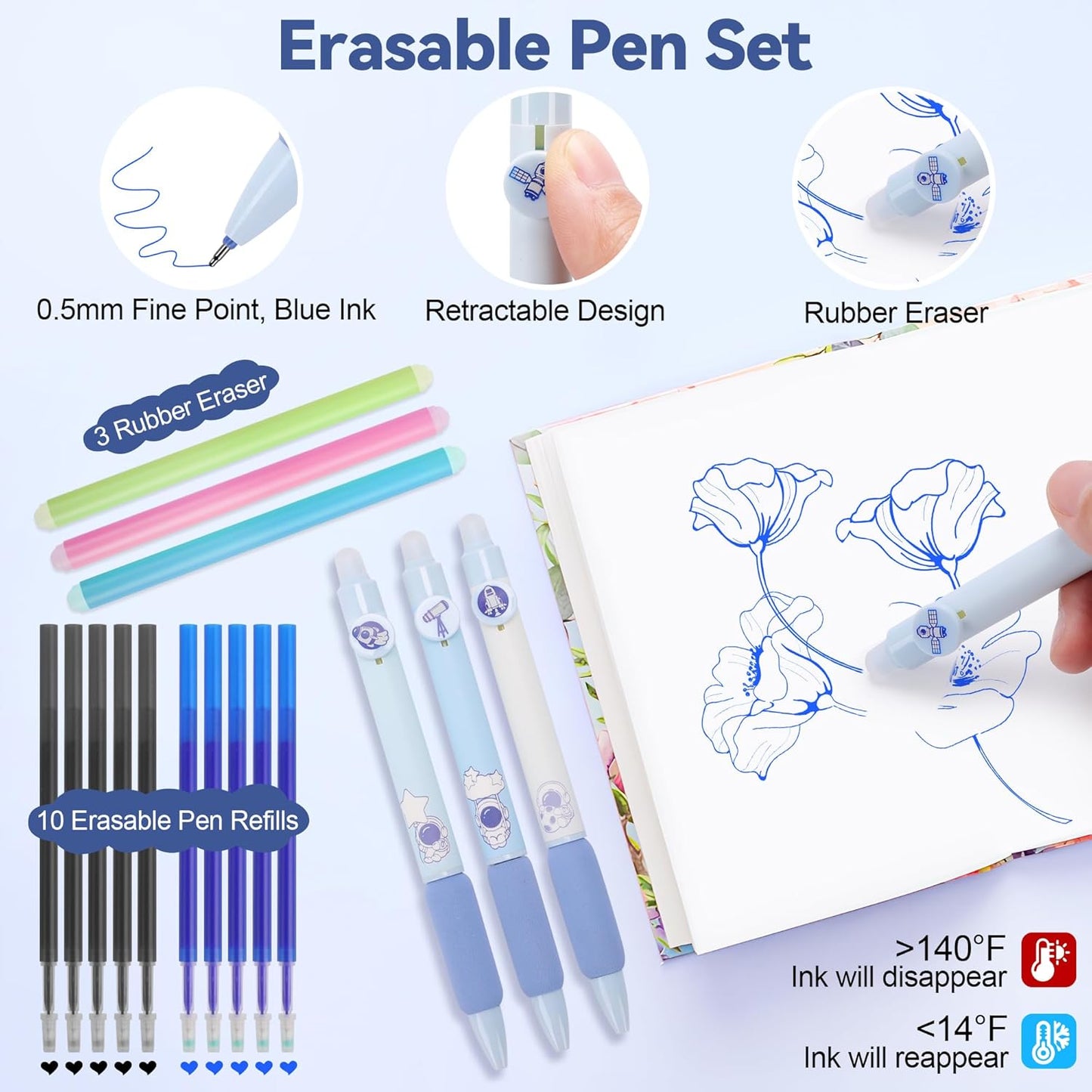 61 PCS Aesthetic School Supplies with Cute Pen Case, Pastel Highlighters, Gel & Erasable Pens, Mechanical Pencils, Refills, Complete Essentials Stationery Kit for Students (Blue)