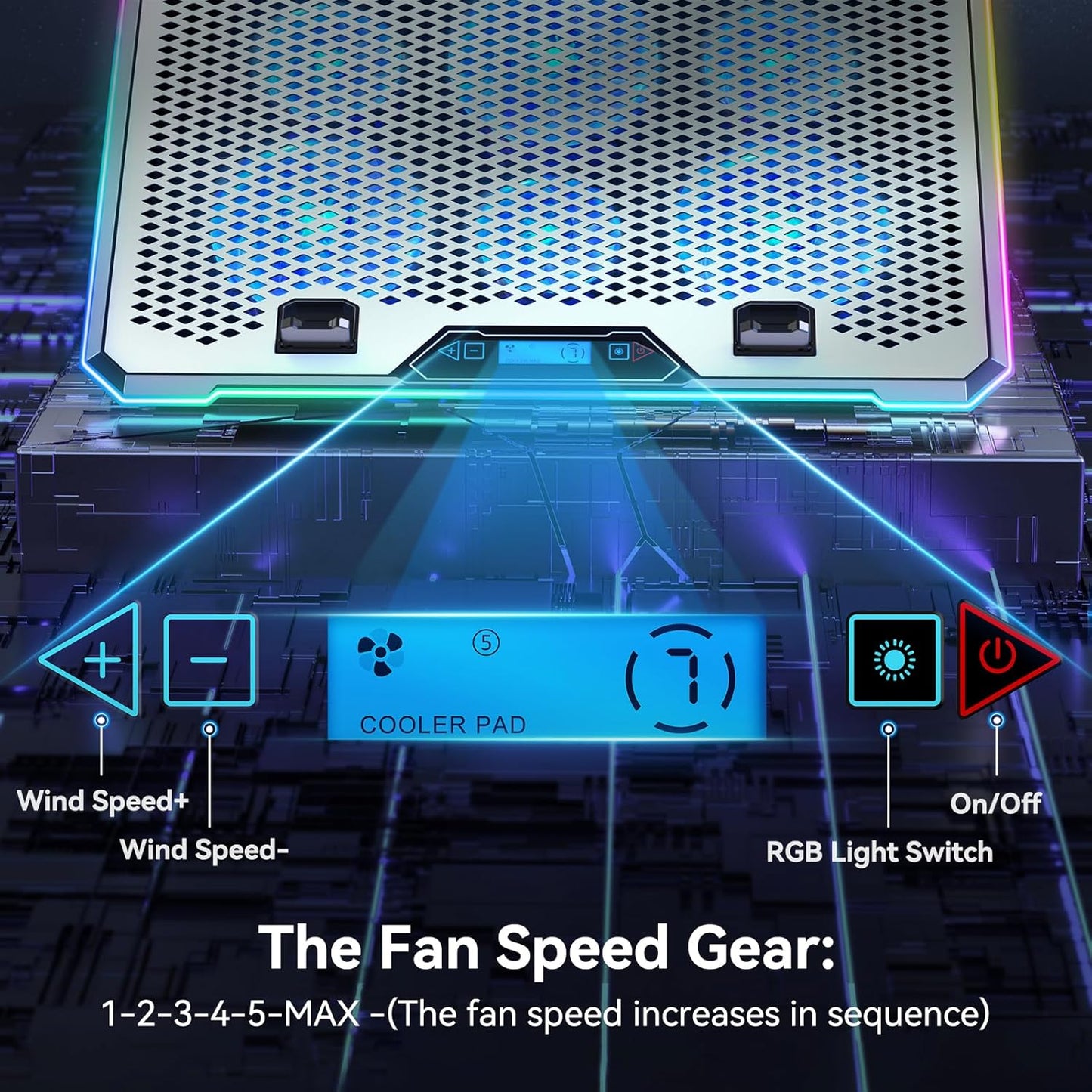 Aluminum Alloy RGB Gaming Laptop Cooler with 6 Fans and LCD Screen - 10 RGB Modes Memory Function, 4 USB Ports 3.0 and 2.0 Hub, 9 Height Adjustable for 10 to 21 Inch Laptops on Desk or Lap