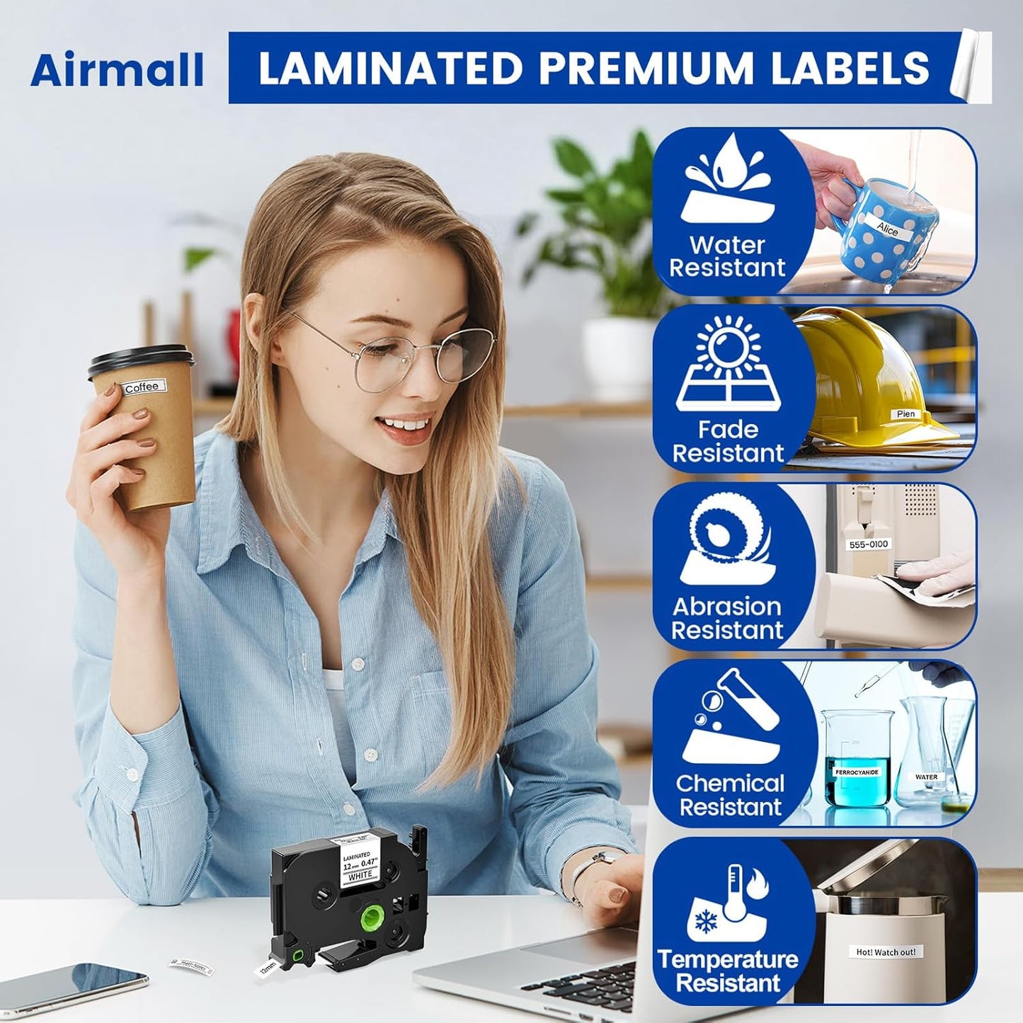 Airmall Tze 12mm 0.47 Laminated White Label Maker Tape Refill Compatible with Brother Ptouch Tape 12mm 0.47 White TZe-231 TZe231 for PT-D220 1180 1280 1290 1750 1830, 8 Pack