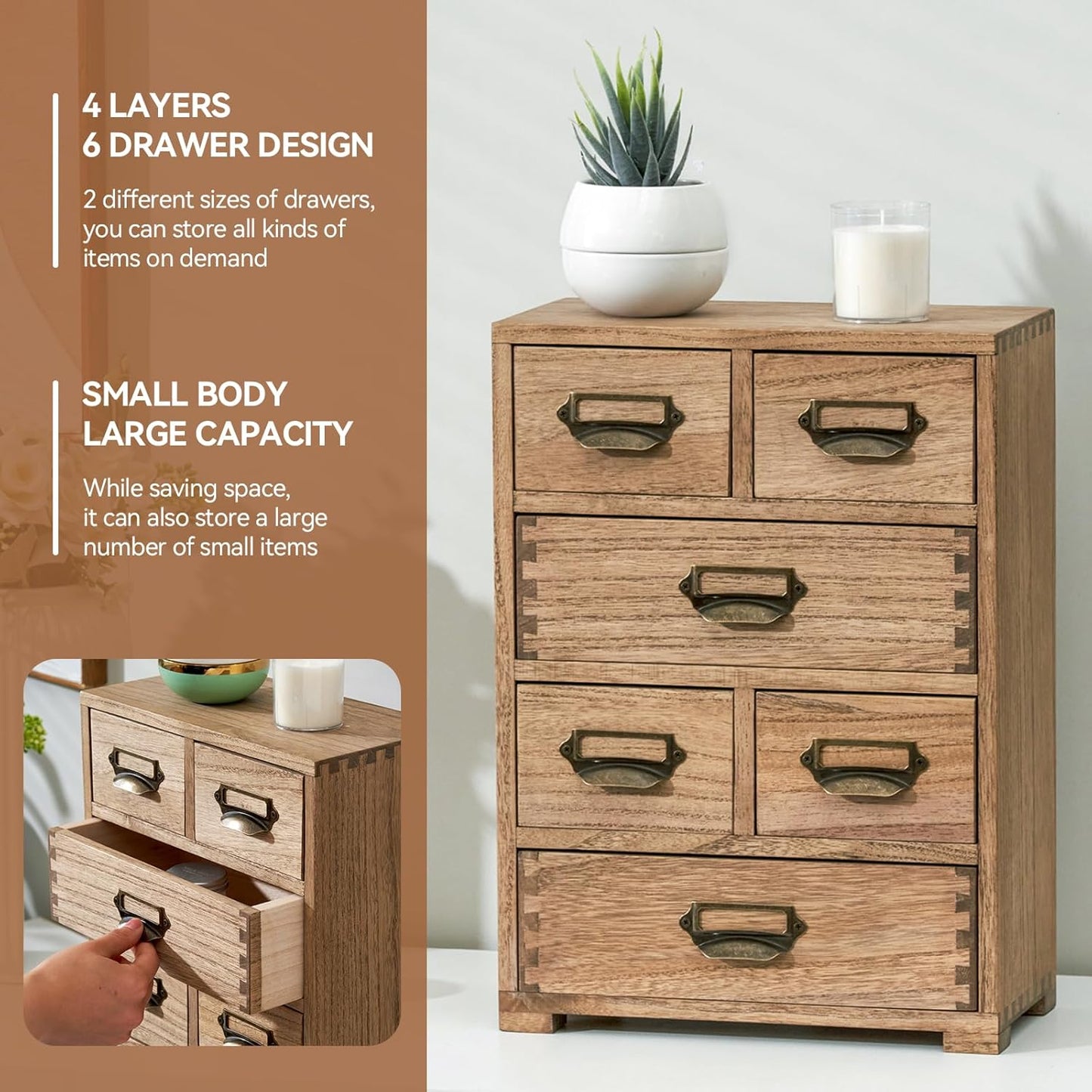 KIRIGEN Wooden Storage Cabinet Organizer Desktop Storage Drawers for Home Office Supplies Dark Brown(4D6CG-DBR)