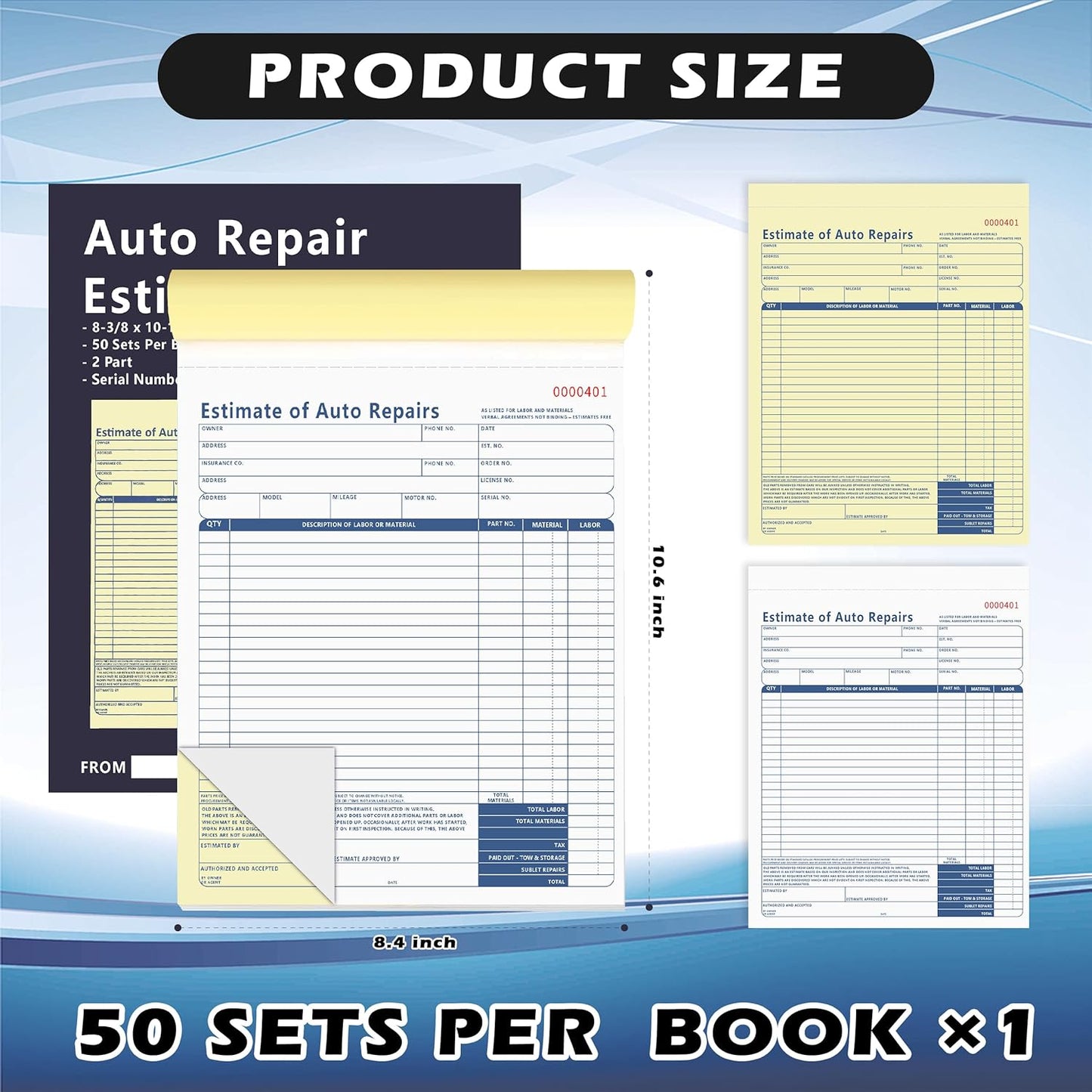 1 Pcs Auto Repair Estimate Book 50 Sets 2-Part Carbonless Duplicate 8-3/8 x 10-11/16 Inches Repair Estimate Book for Auto Repair Shops and Independent Mechanics (1)
