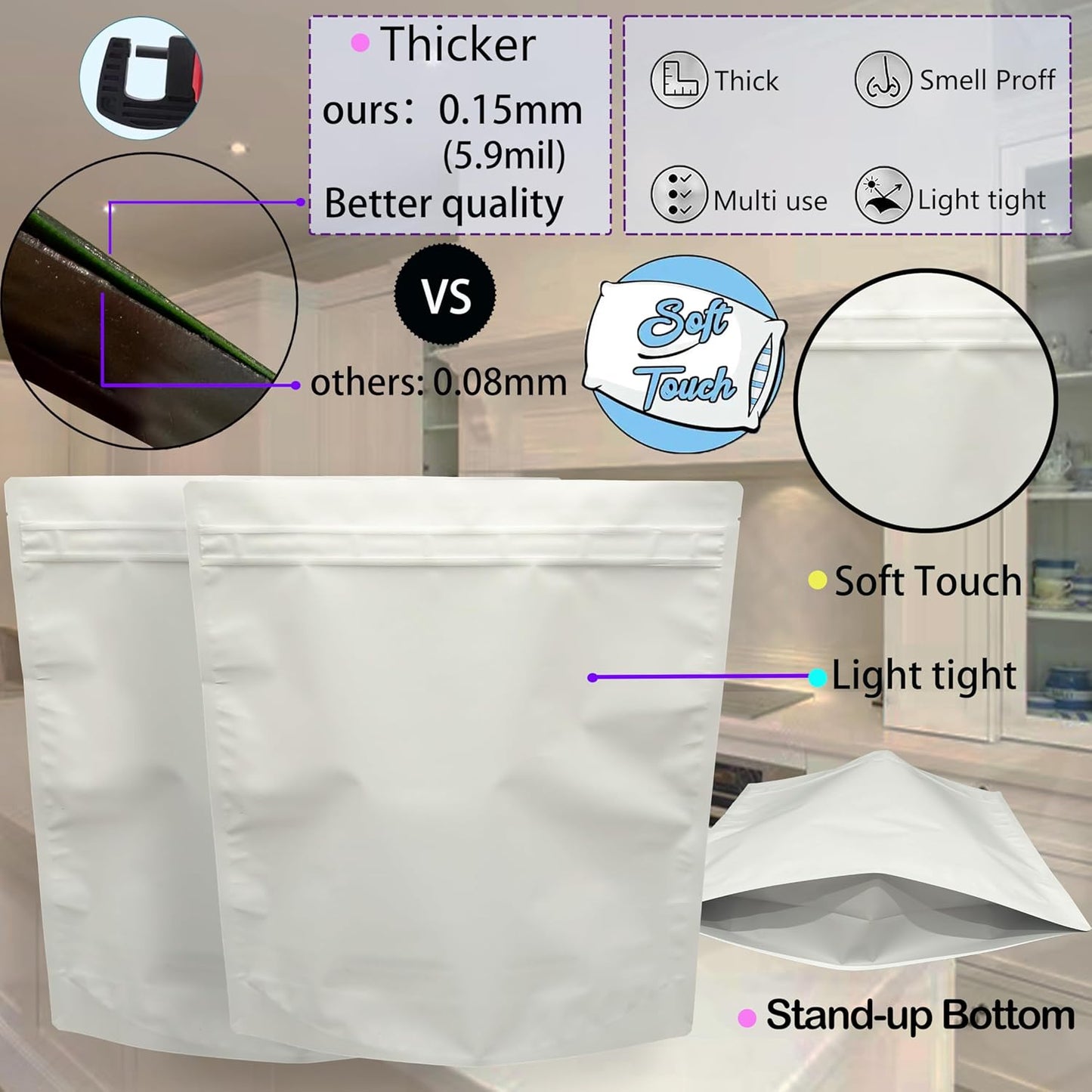 20 Pack Big Soft-Touch Mylar Bags, 14.6 x 16.4 inchs Premium Smell Proof Bag with Double-sided Matte White ，Resealable Food Storage Aluminum Foil Stand-up Packaging Bags. (1 LB / 1 Pound)