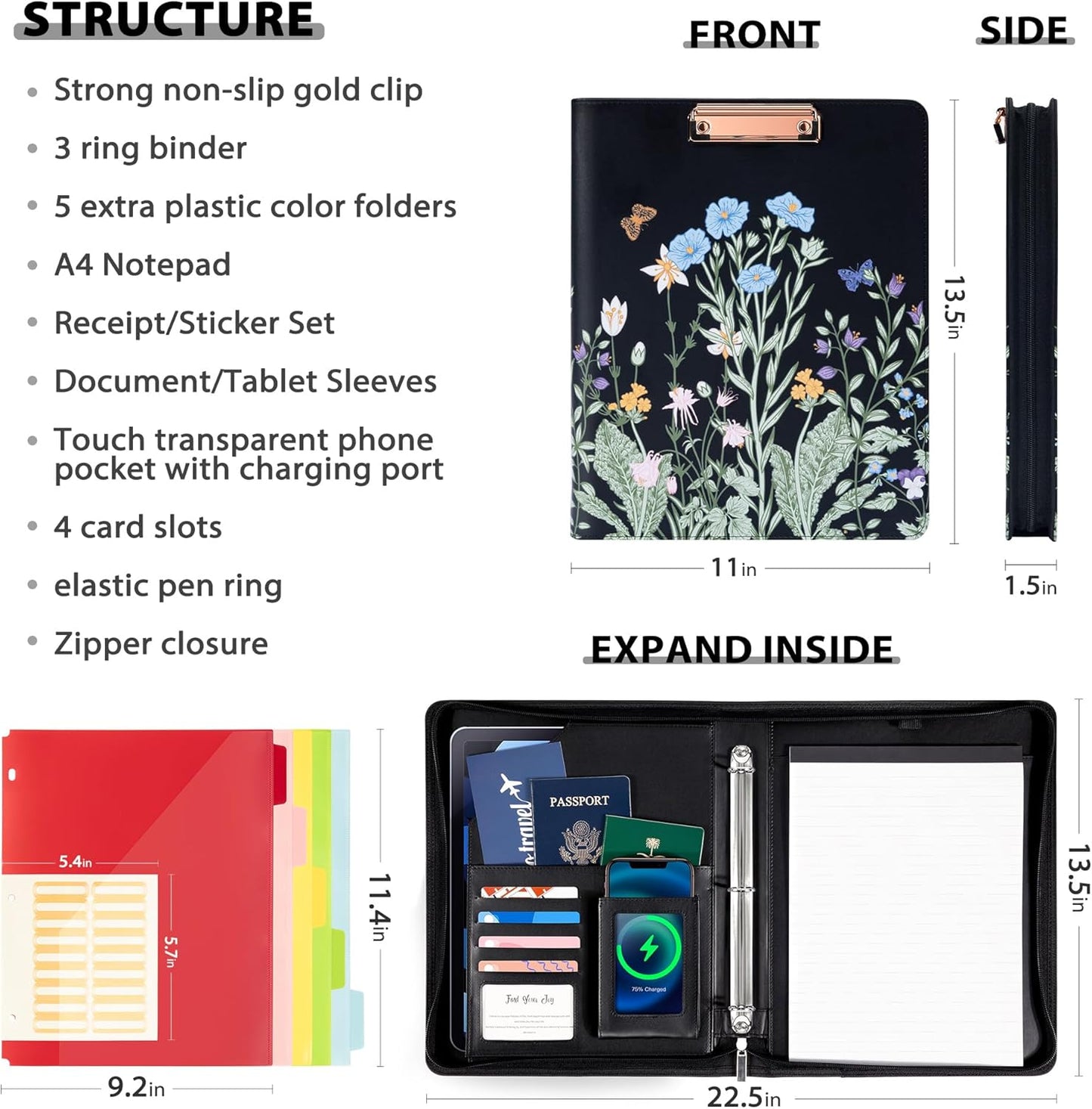 Leather Clipboard with Storage, Zippered Padfolio Portfolio Organizer, 3 Ring Binder 1 Inch, Notepad, Tablet Sleeve, 5 Dividers with Pocket, Stickets for Office Nurses Students, Teachers Night Flowers