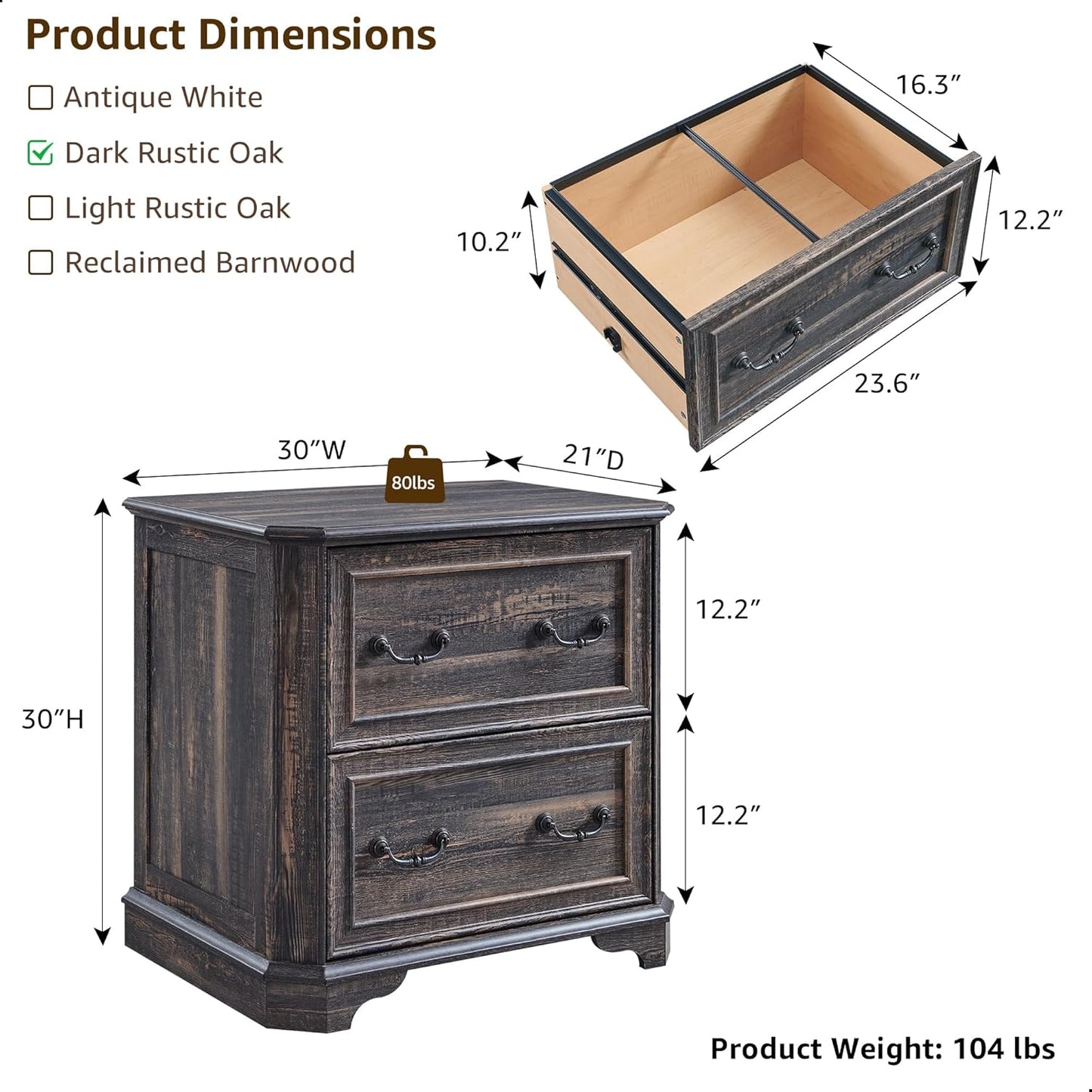 T4TREAM 2 Drawer File Cabinet Set of 2, 30" Wide Wooden Extended Desktop, Farmhouse Filing Cabinet with Smooth Rails, Holds Letter/Legal/A4, Hexagonal Design & Framed Drawer Fronts, Dark Rustic Oak