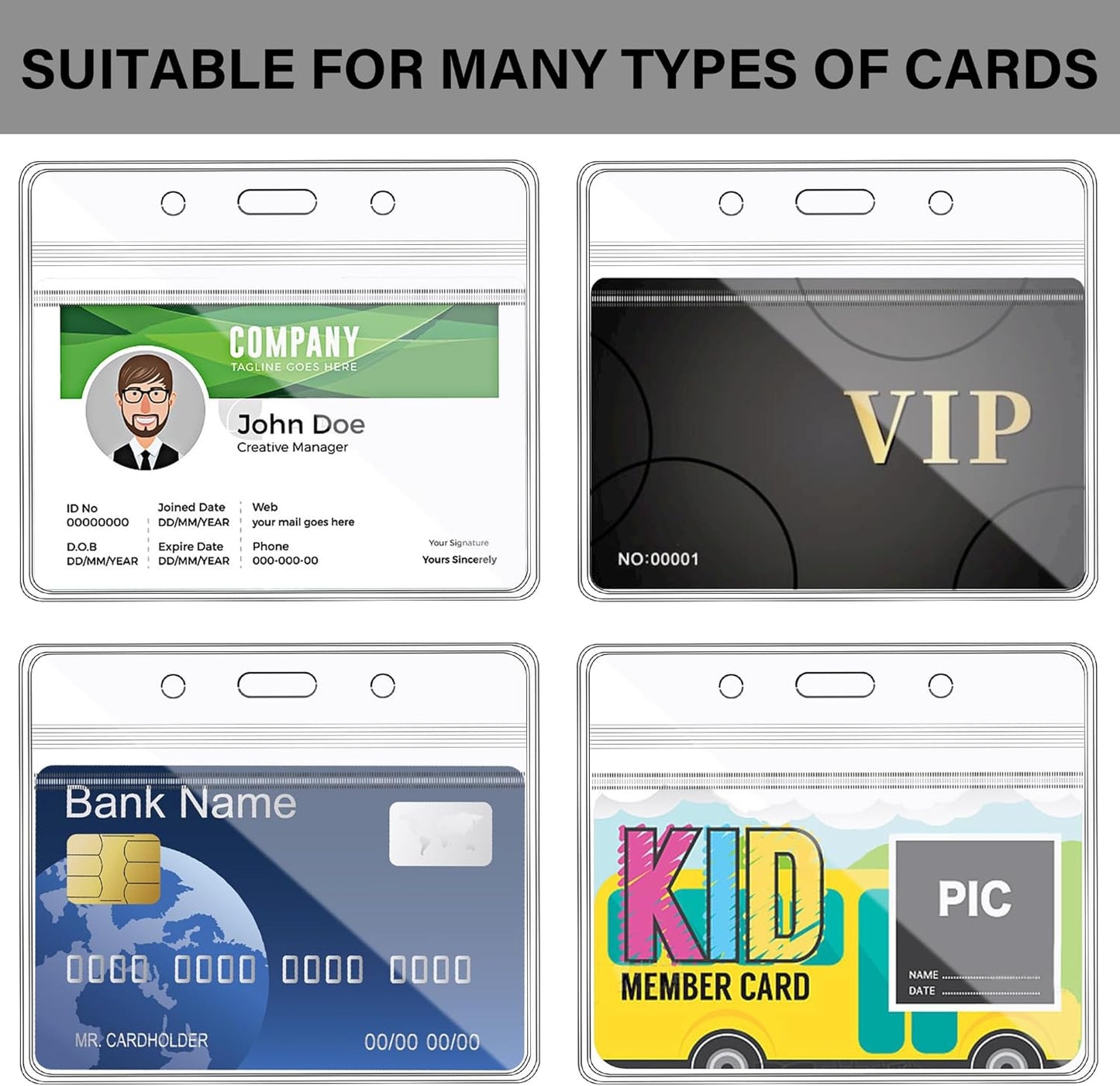 Happy Trees Badge Holder Horizontal ID Card Protector, Name Tag Badge Holders with Resealable Zip, Clear PVC Plastic Sleeves, Pass Case Credential Pouch for Office, School (50 Pack)