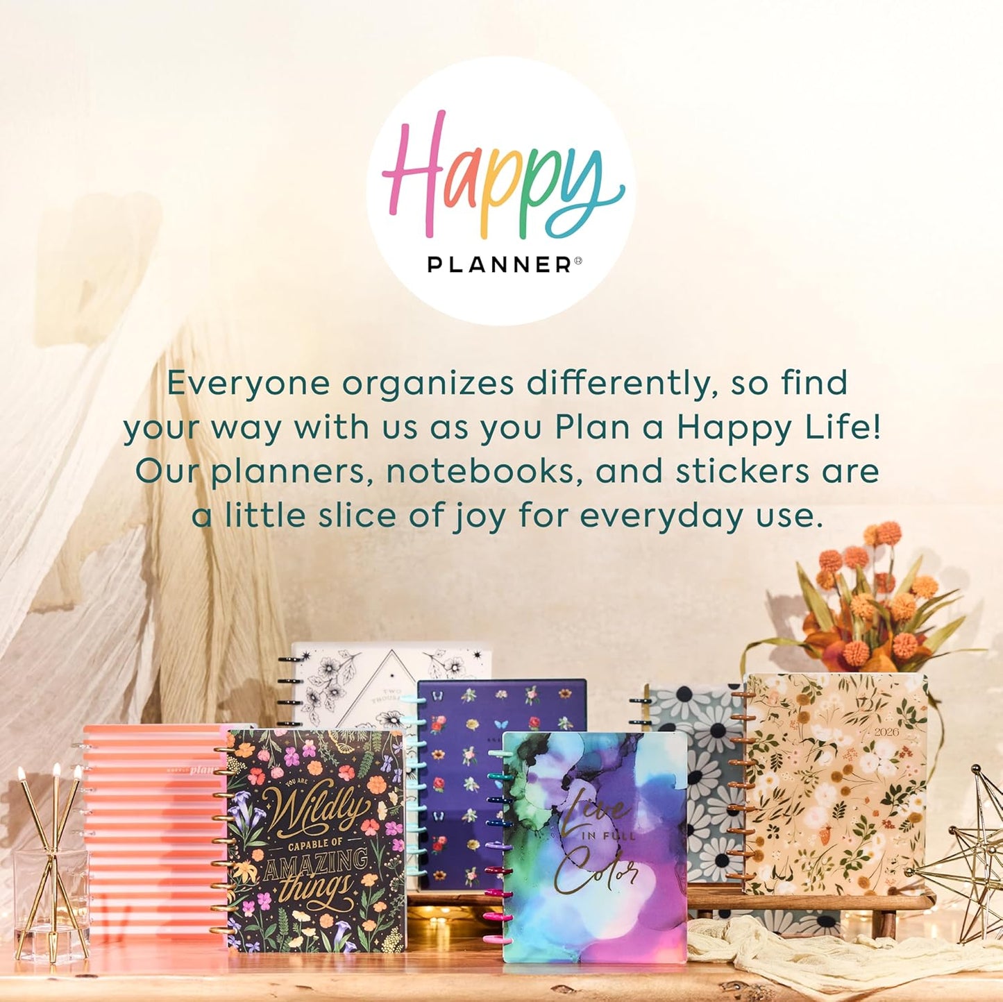 Happy Planner Disc-Bound Planner Jan.–Dec. 2026, Includes 3 Extra Months and 2 Sticker Sheets, Classic Size, 7" x 9.25", Horizontal Layout, Live in Color