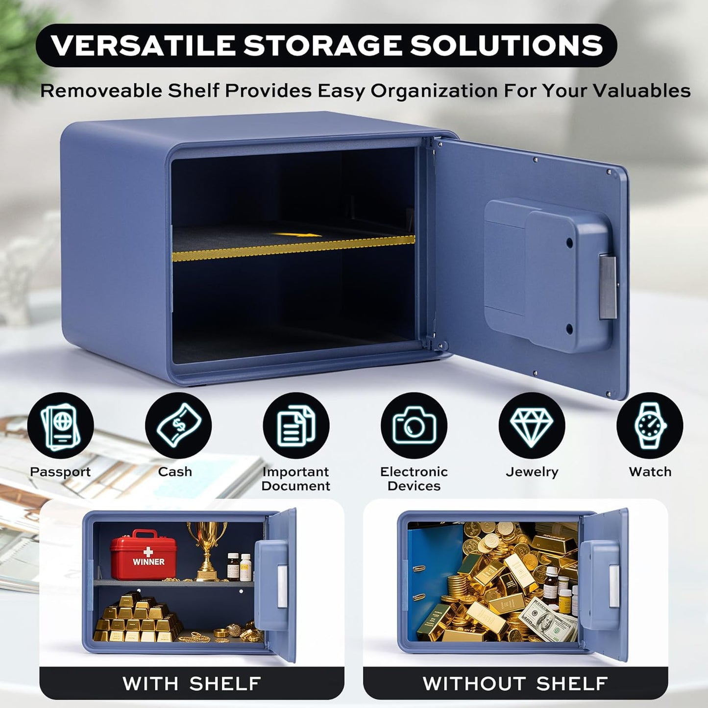 Biometric Safe for Home, 0.6 Cube Feet Auto-Open Fingerprint Safe with Touch Screen, Alarm System & Removable Shelf, Small Money Box for Cash, Jewelry, Documents, Home Office Use,Blue