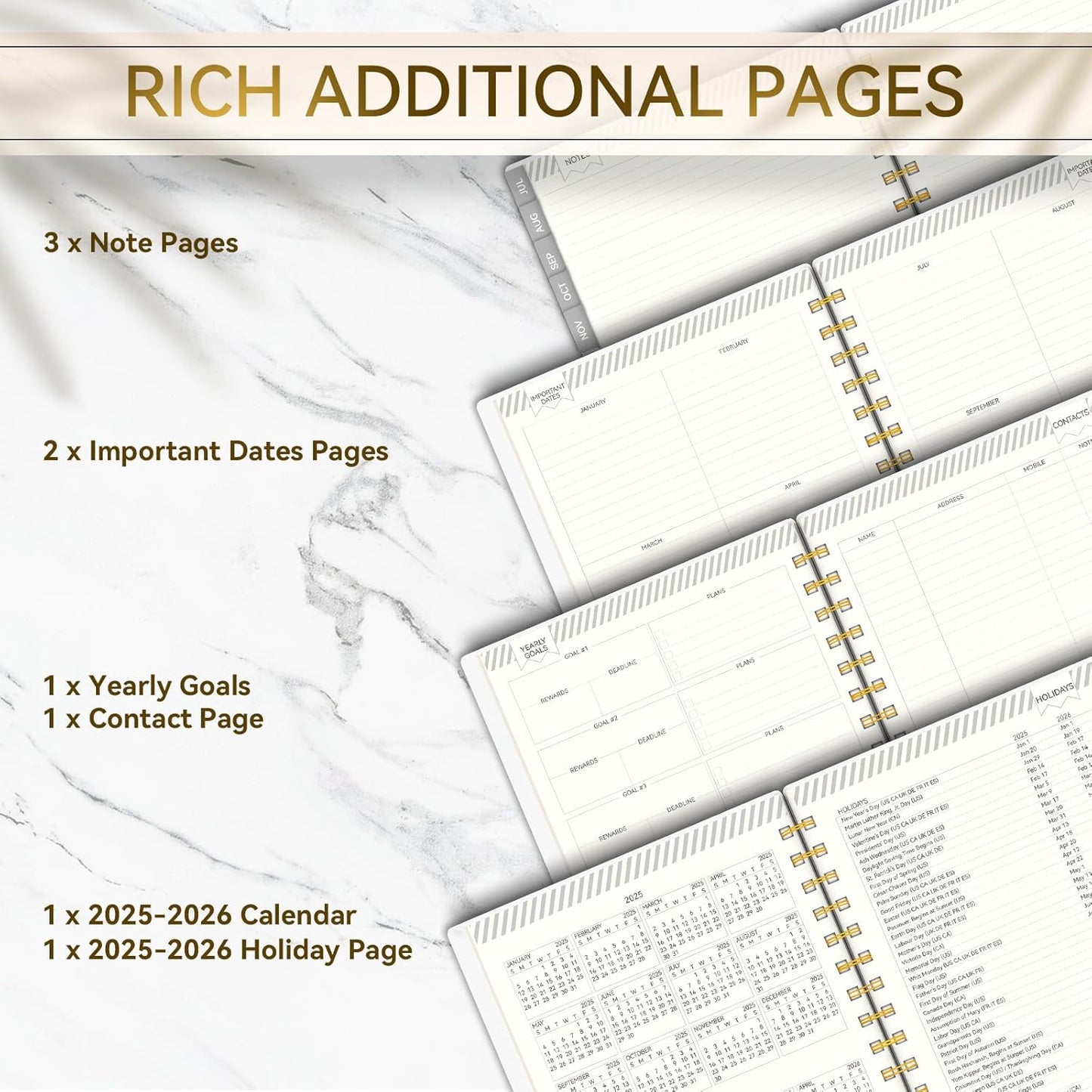 Academic Planner 2025-2026, Weekly and Monthly Planners for Women, Jul.2025 - Jun.2026, AIMPEAK Daily Calendar Planner for Teacher & Student, Monthly Tabs, White Marble, 7"x10"