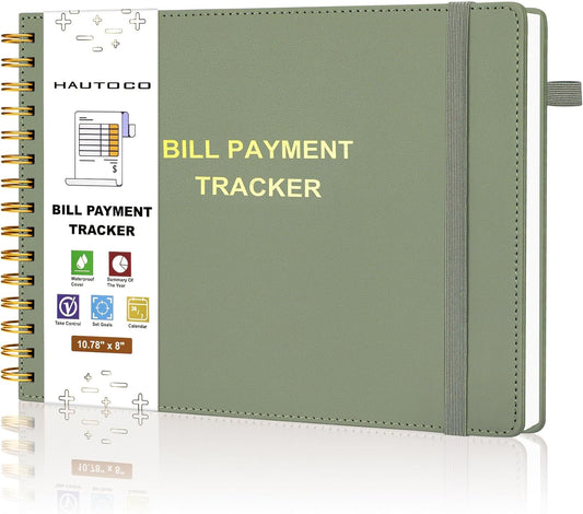 HAUTOCO Hardcover Bill Tracker Notebook Horizontal Monthly Bill Payment Organizer for Personal Budgeting Home Finance with 2 Storage Pocket Expense Checklist Tracking Planner 10.78 x 8'', Olive Green