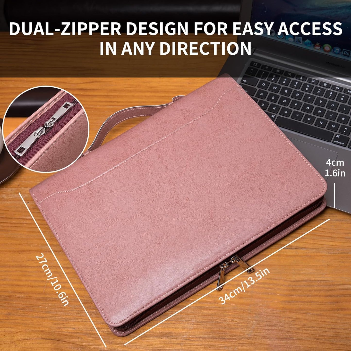 Personalized Vegan Leather Portfolio with Hidden Handle, Front Pocket, Custom Business Padfolio Tablet/13” Laptop Organizer, Professional Executive Document Folio, Pink