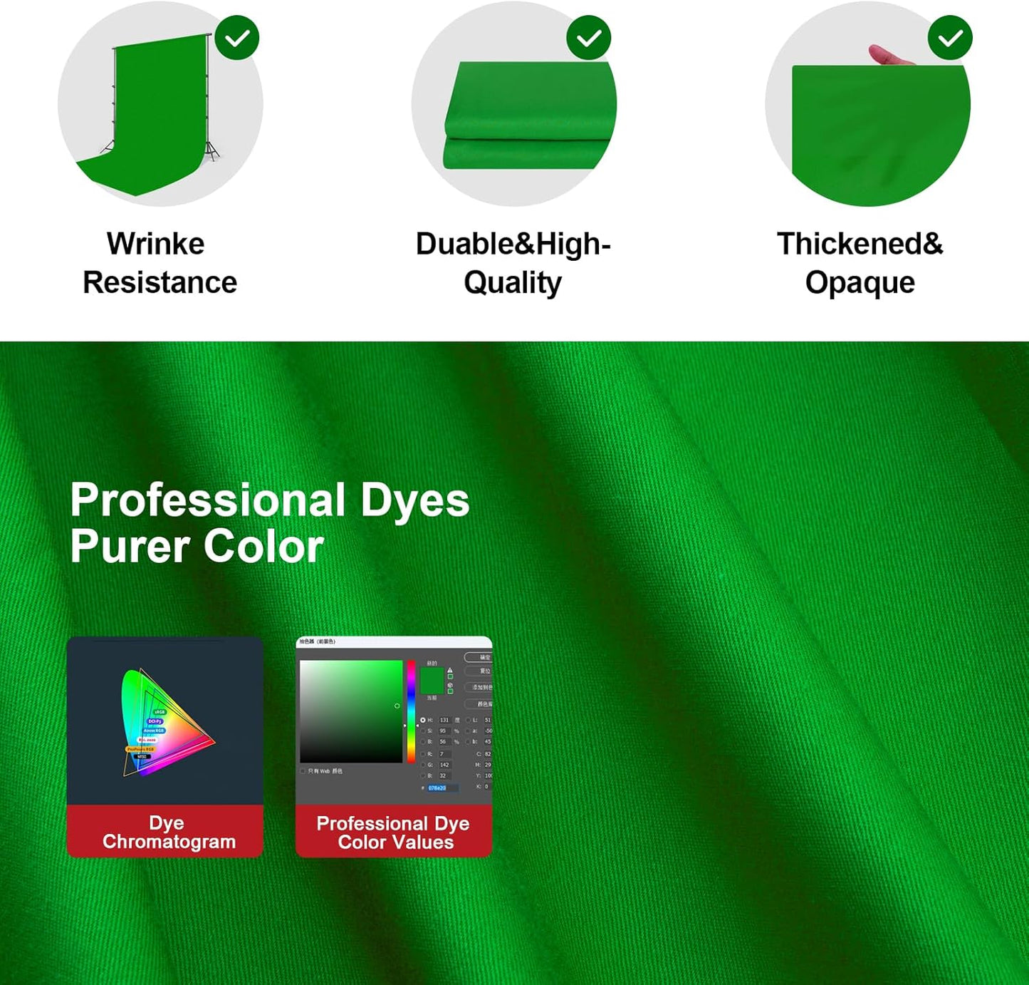 BEIYANG 5 Ft x6.5 Ft Photography Backdrop Green Screen, Green Background Non-Reflective Fabric, Wrinkle Resistance Greenscreen Photo Background for Chromakey Photo Studio Video Shooting