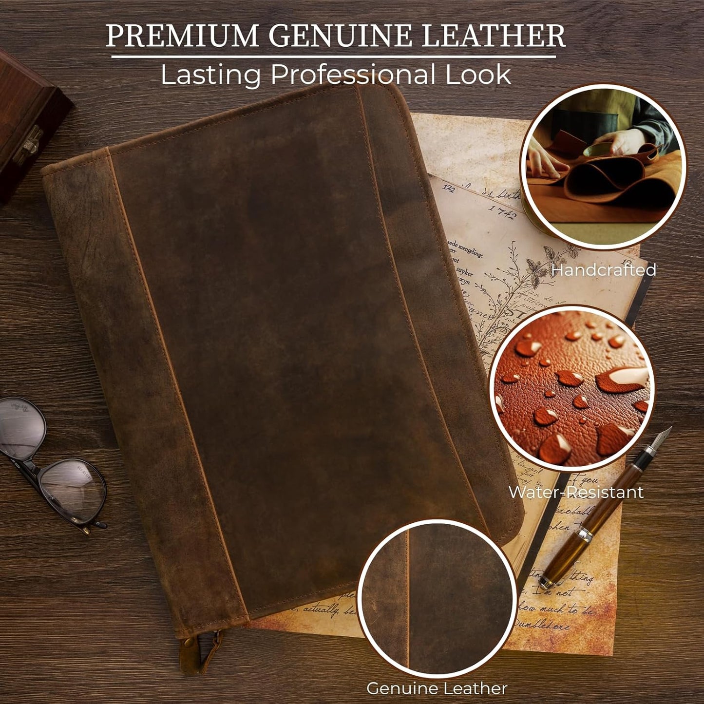 Leather Padfolio with Zipper – Business Portfolio for Men and Women, Legal Pad Portfolio, Leather Folder, Professional Padfolio for Meetings and Interviews