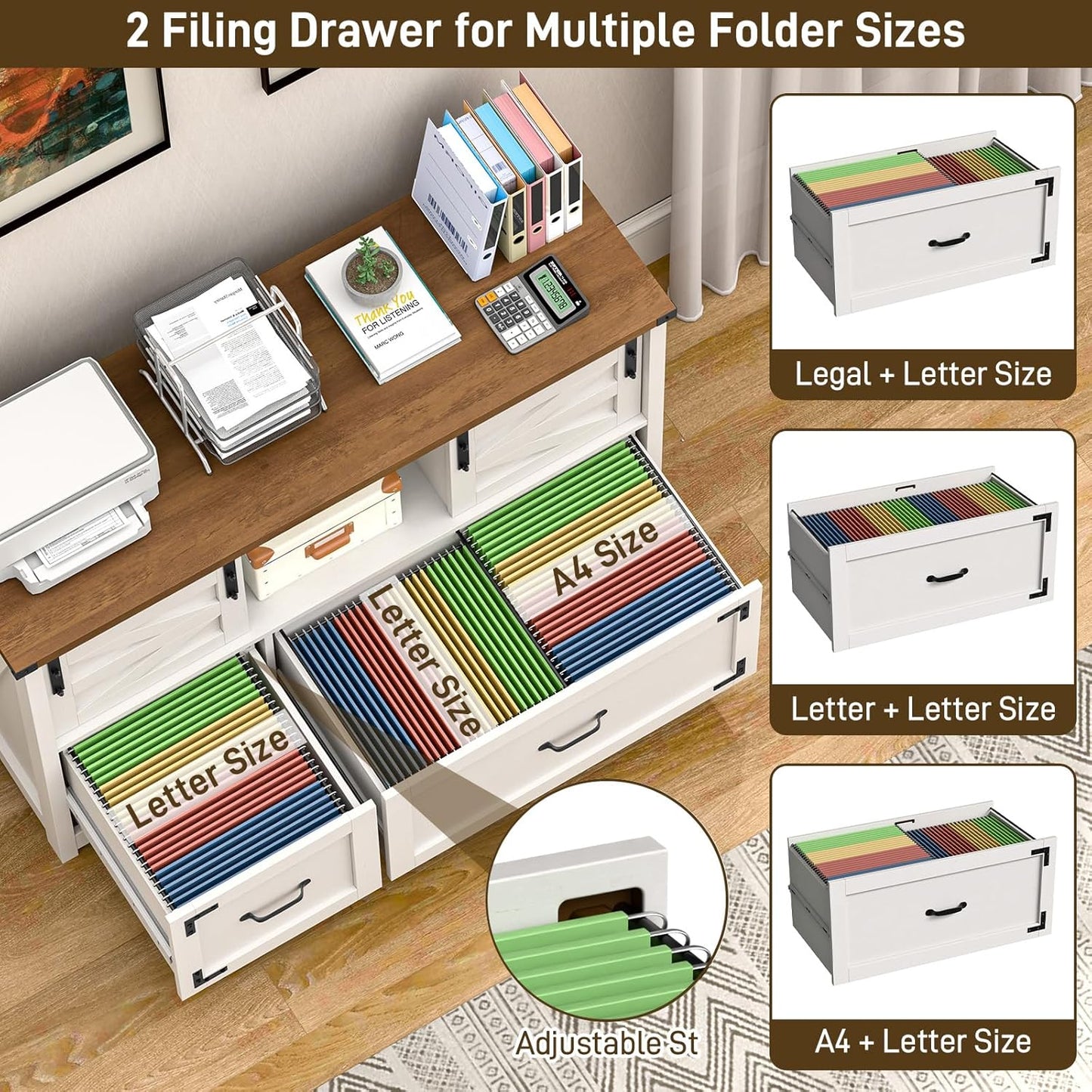 Lateral File Cabinets 2 Drawer with Sliding Barn Doors, Farmhouse Filing Cabinet with 2 Drawer for Home Office，Filing Organization Storage Cabinets for Hanging Files Letter/Legal/F4/A4.(Brown.)