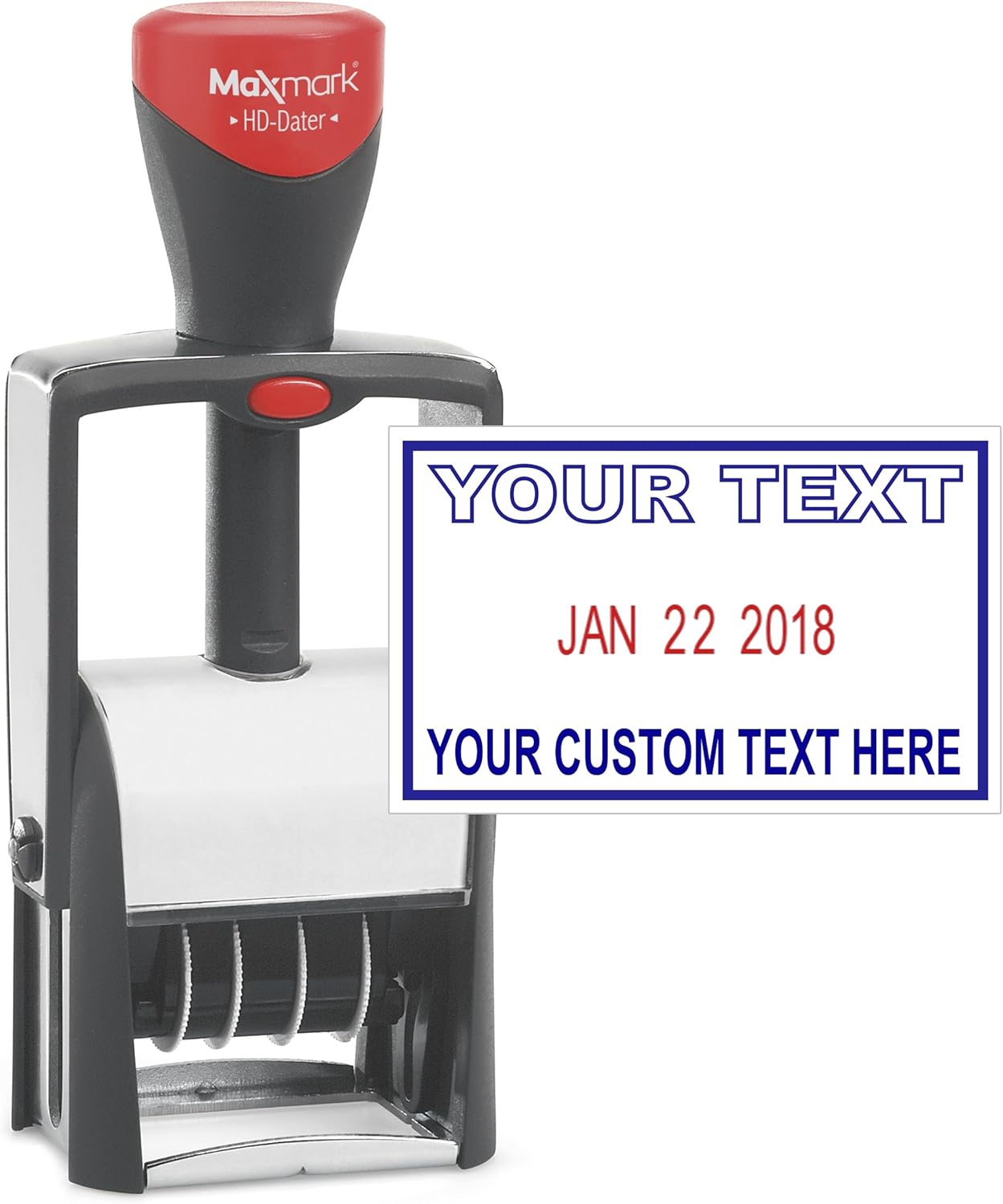 Heavy Duty Date Stamp with 2-Line Custom Text, Self Inking Stamp - 1" x 1-5/8” - 2-Color Blue/Red Ink