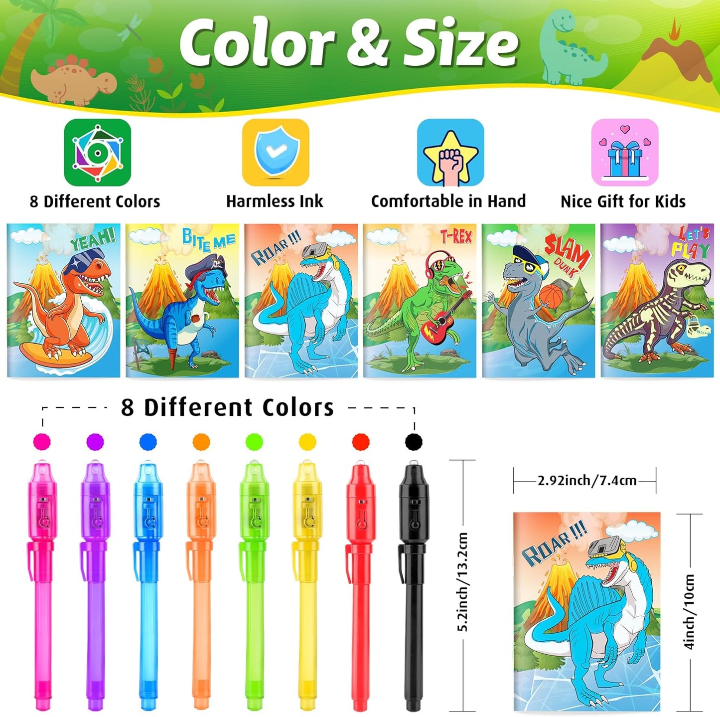 Invisible Ink Pens with UV light for Kids, Spy Pen Dinosaur Party Favors for Kids 8-12, 24Pack Invisible Ink Pen and Notebook, Magic Marker for Secret Message Birthday Party Favors for Kid 4-8