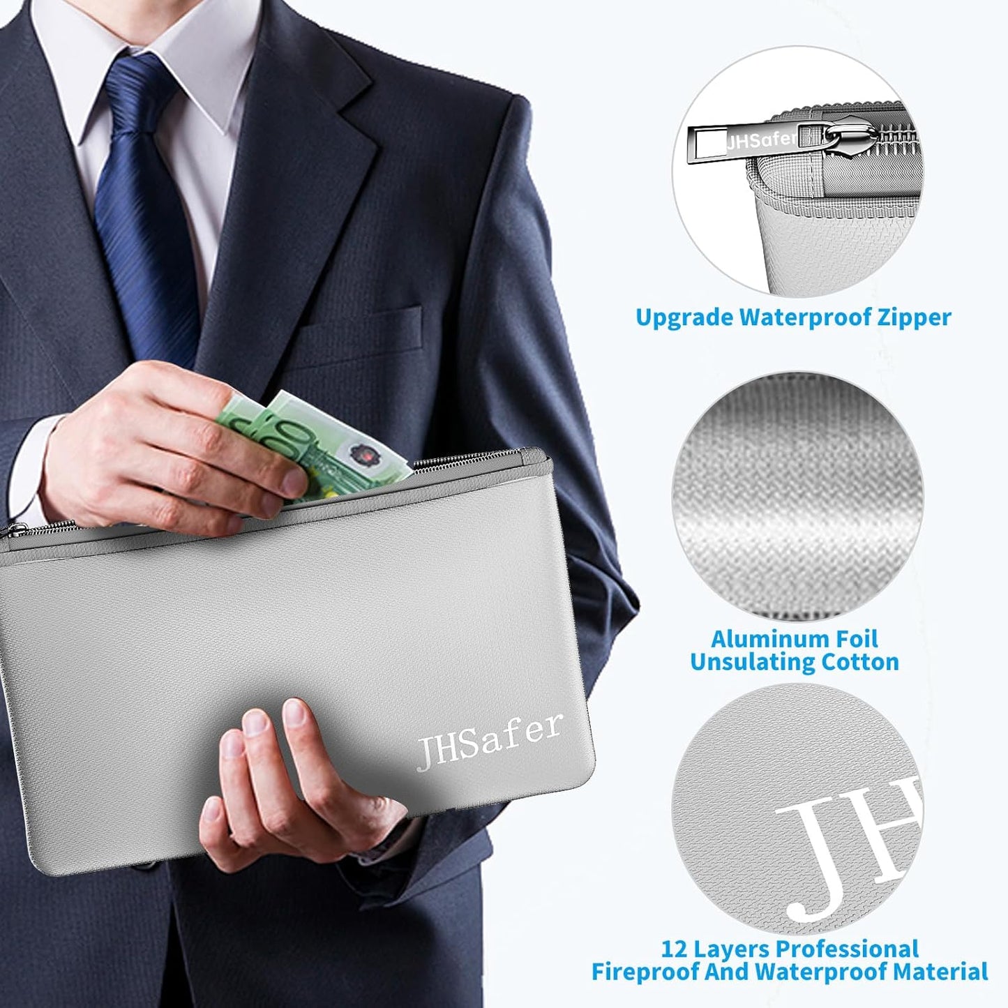 6400℉ Fireproof and Waterproof Money Bags 2pcs with Zipper,11''x6.3'' Fireproof Cash Bag with Zipper,Fireproof Wallet Envelope Safe Pouch Fireproof Bags for Cash Passports Keys Jewellery (Silver)