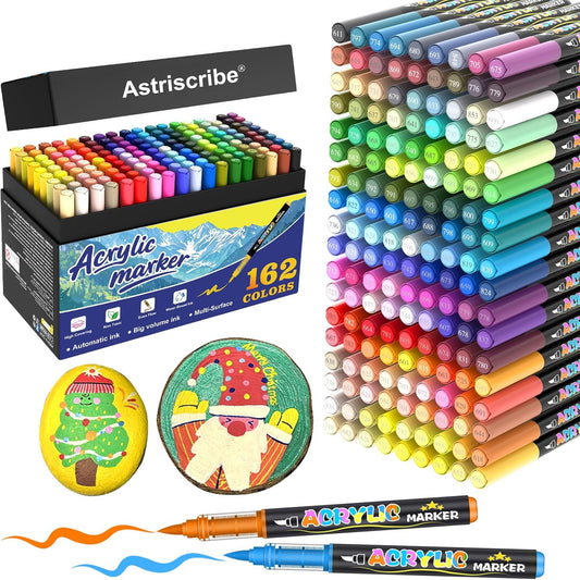 162 Colors Acrylic Paint Pens Markers, No-Bleed Brush Tip Acrylic Markers with Automatic Ink Control System, for Stone, Wood, Canvas, Ceramic, Glass, Metal, Rock Painting, DIY Crafts Art Supplies Kit