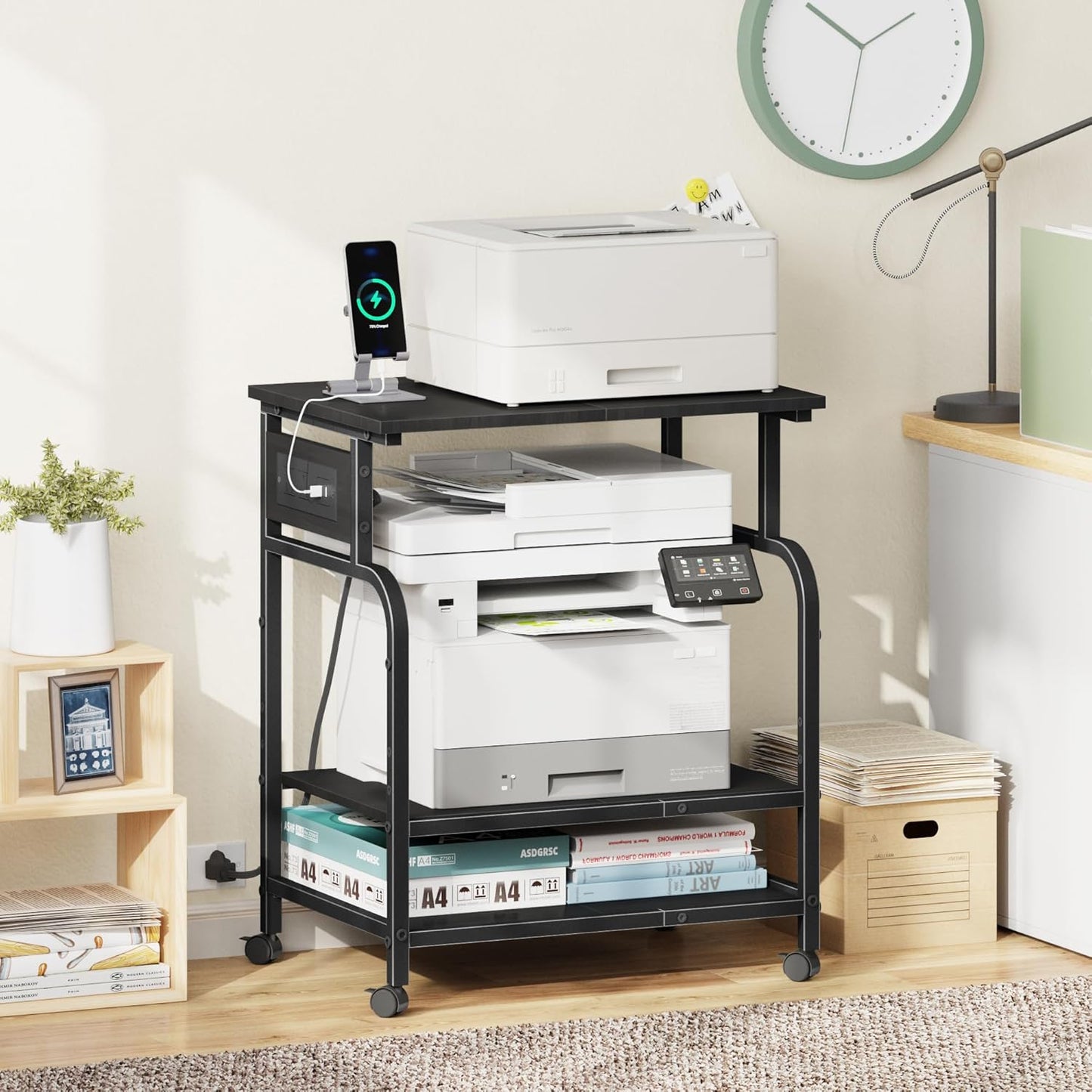 3 Tier Large Printer Stand with Power Outlet/Adjustable Storage Shelf, Rolling Cart with Wheels, Printer Table for Home Office 3D Printer/Heat Press/Laster, 22"×15" Black