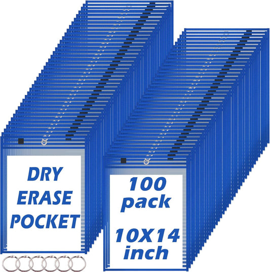 100 Pack Dry-Erase Pockets Sleeves Bulk Job Ticket Holders Oversized Reusable10x14 Blue Plastic Sheet Page Protectors, Heavy Duty Clear Work Pockets, Teacher School Classroom Supplies