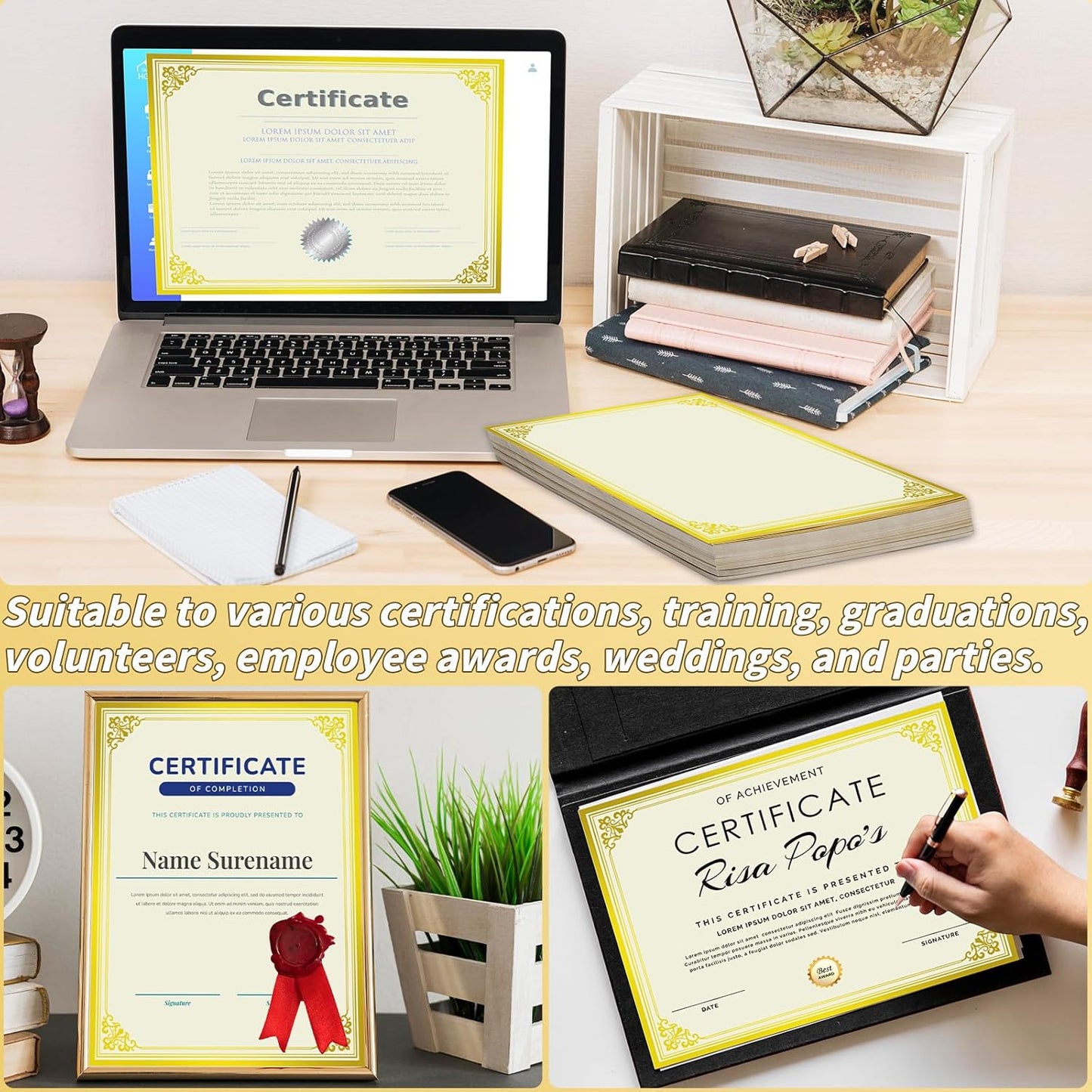 200 Sheet Gold Foil Award Certificate Paper Bulk 8.5 x 11 in for Printing Customizable Blank Cardstock Gold Border Certificate Laser and Inkjet Printer Friendly for Graduation Diploma Achievement