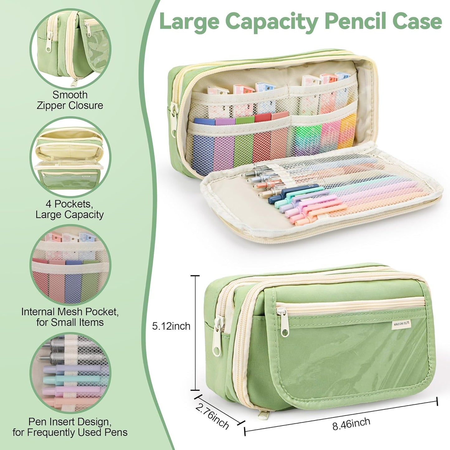 61 PCS Aesthetic School Supplies with Cute Pencil Case, Pastel Highlighters, Gel & Erasable Pens, Mechanical Pencils, Refills, Complete Essentials Stationery Kit for Students (Green)