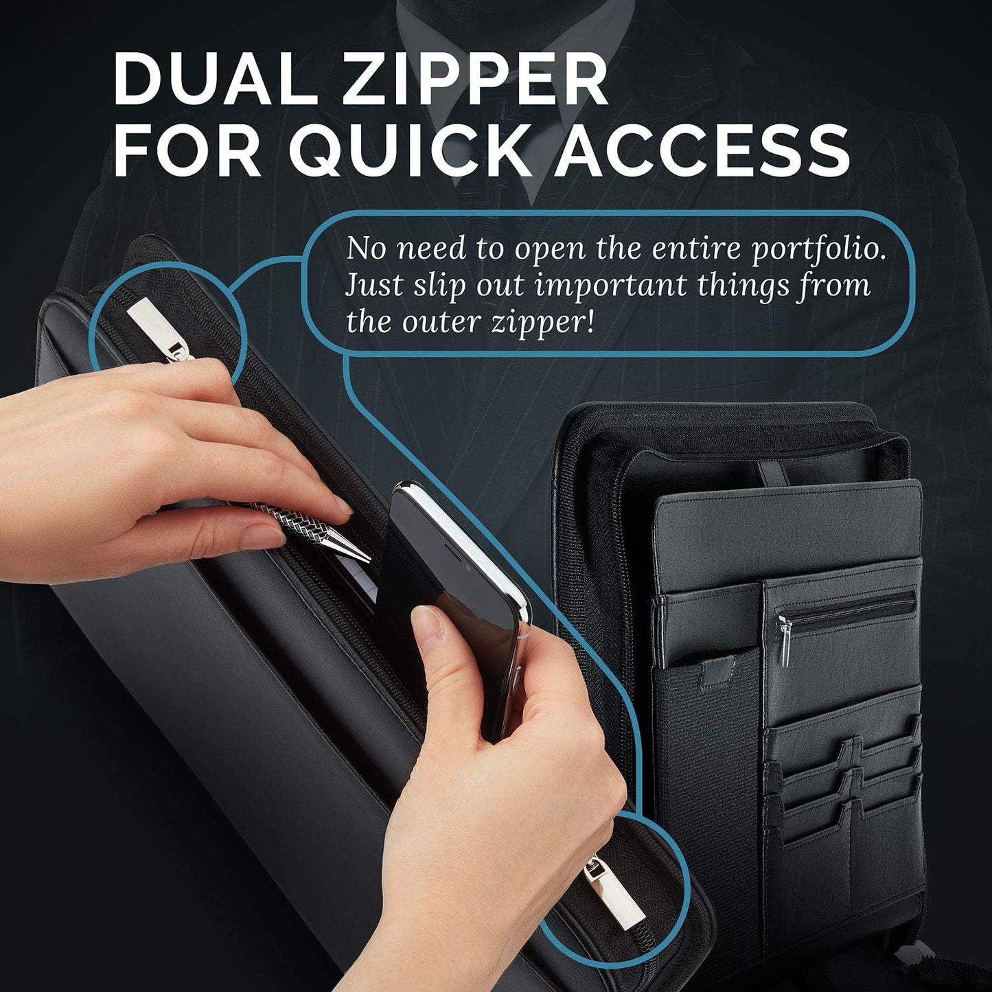 NERO MANETTI- Zippered Vegan Leather Padfolio/Portfolio Pad Holder-Business PU Leather Notepad Folder for Resumes, Interviews, iPad/Tablet, Phone, Legal Pad Notebook Executive Binder for Women, Men