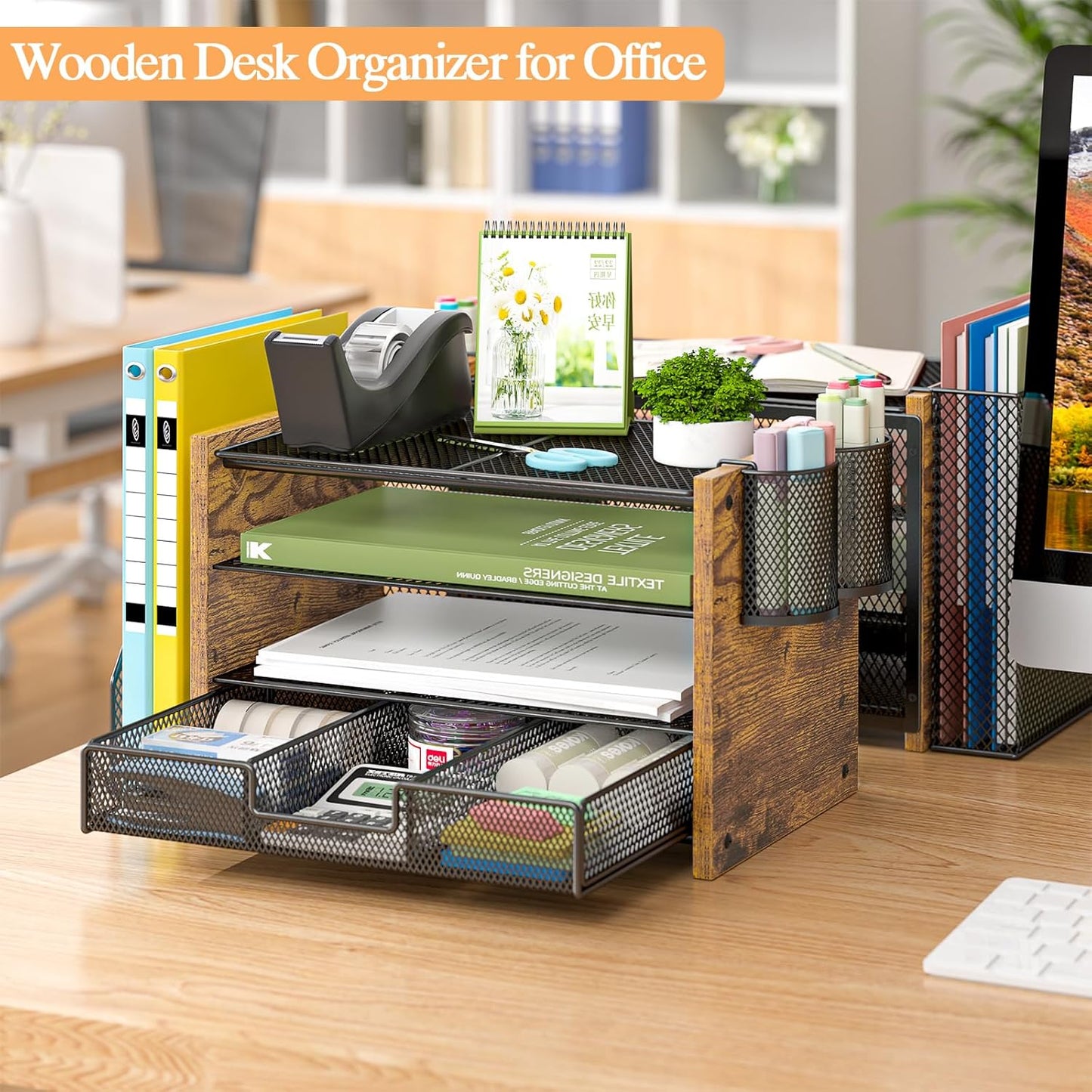 Wooden Desk Organizers and Accessories with File Holder, 4-Tier Paper File Organizer with Drawer & 2 Pen Holders, Office Desk Accessories, Desktop Organizer and Storage for Home Office Supplies