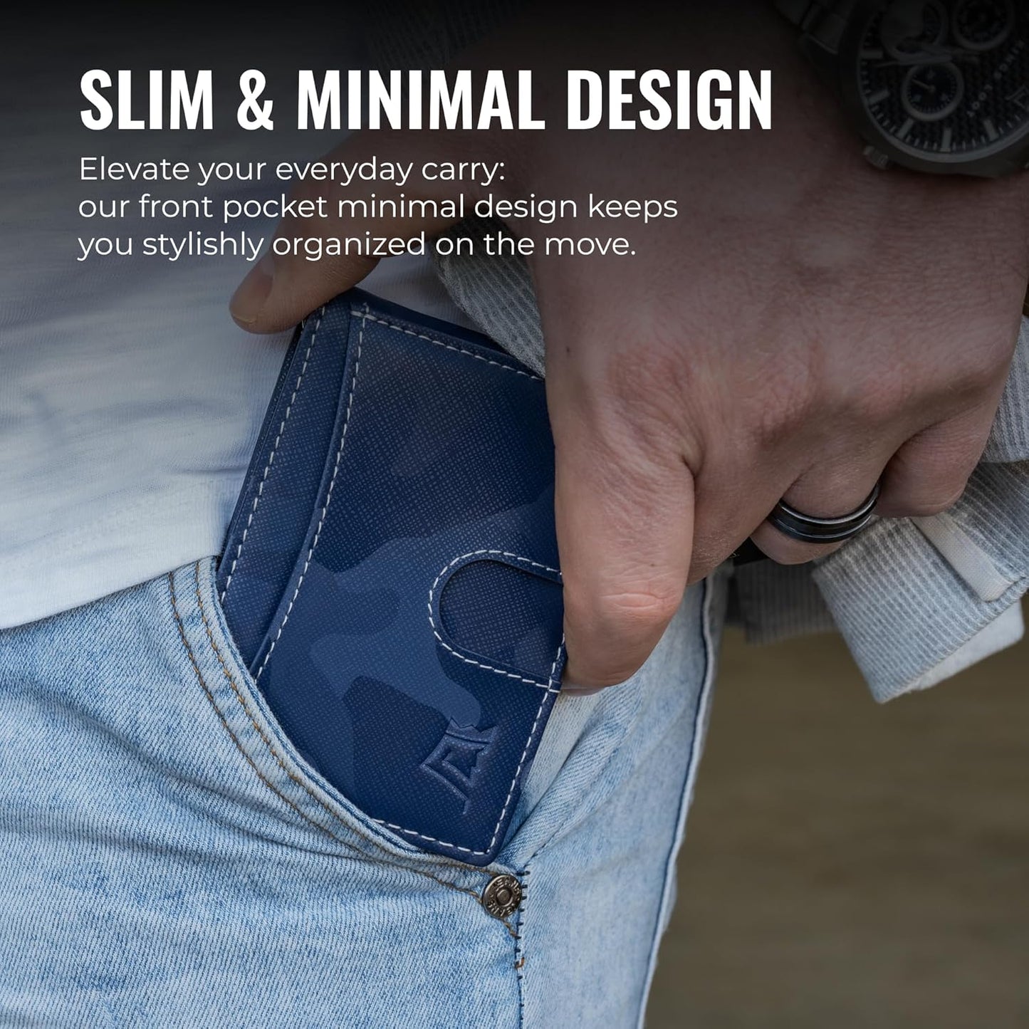 Kings Loot Money Clip Slim Minimalist Wallet for Men – RFID Blocking Leather Design with Money Clip – Front Pocket Bifold Holds 12 Cards – Stylish & Compact Wallets (Camo Blue)
