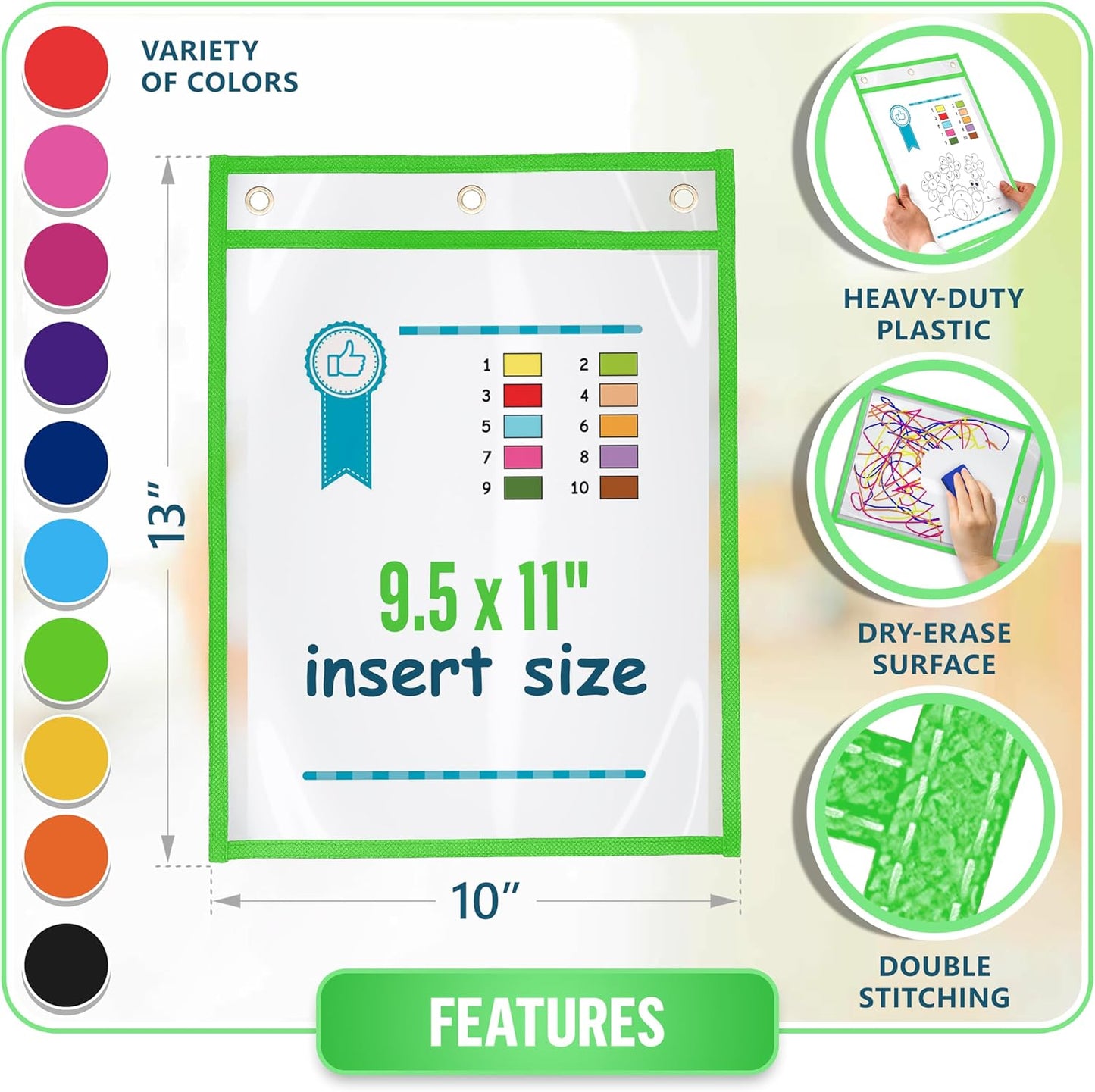 35 Pack Dry Erase Pockets 10x13 inch - Reusable Write and Wipe Pockets - Clear Pocket Folders & Dry Erase Paper Sleeves for Classroom Dry Erase Packets & Clear Pocket Sleeves