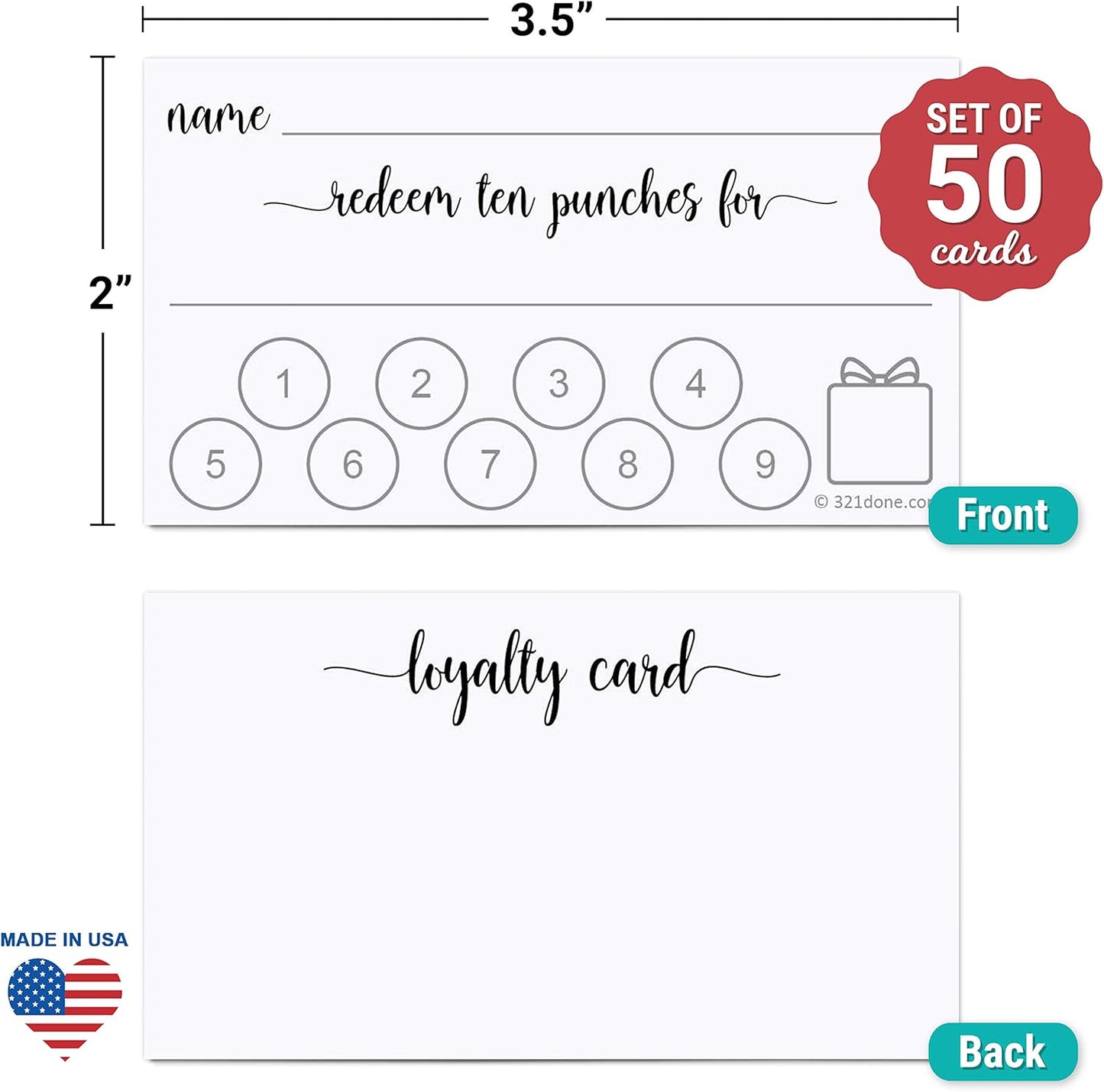 321Done Loyalty Punch Cards, Made in USA - Customer Reward Card 3.5x2, Business Card Size, Redeem 10 Punches or Visit for Prize, White - Set of 50