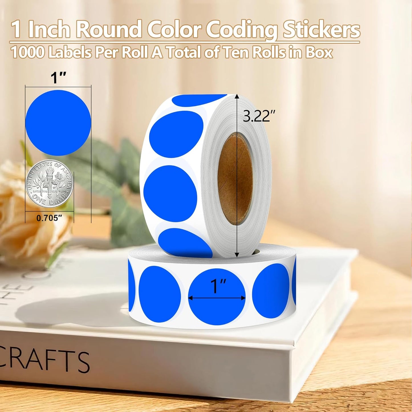 Blue 1 Inch Round Color Coding Dot Labels, 10 Rolls 10000 Dot Stickers in Dispenser Box - Permanent Adhesion, Vibrant Colors, Highly Visible