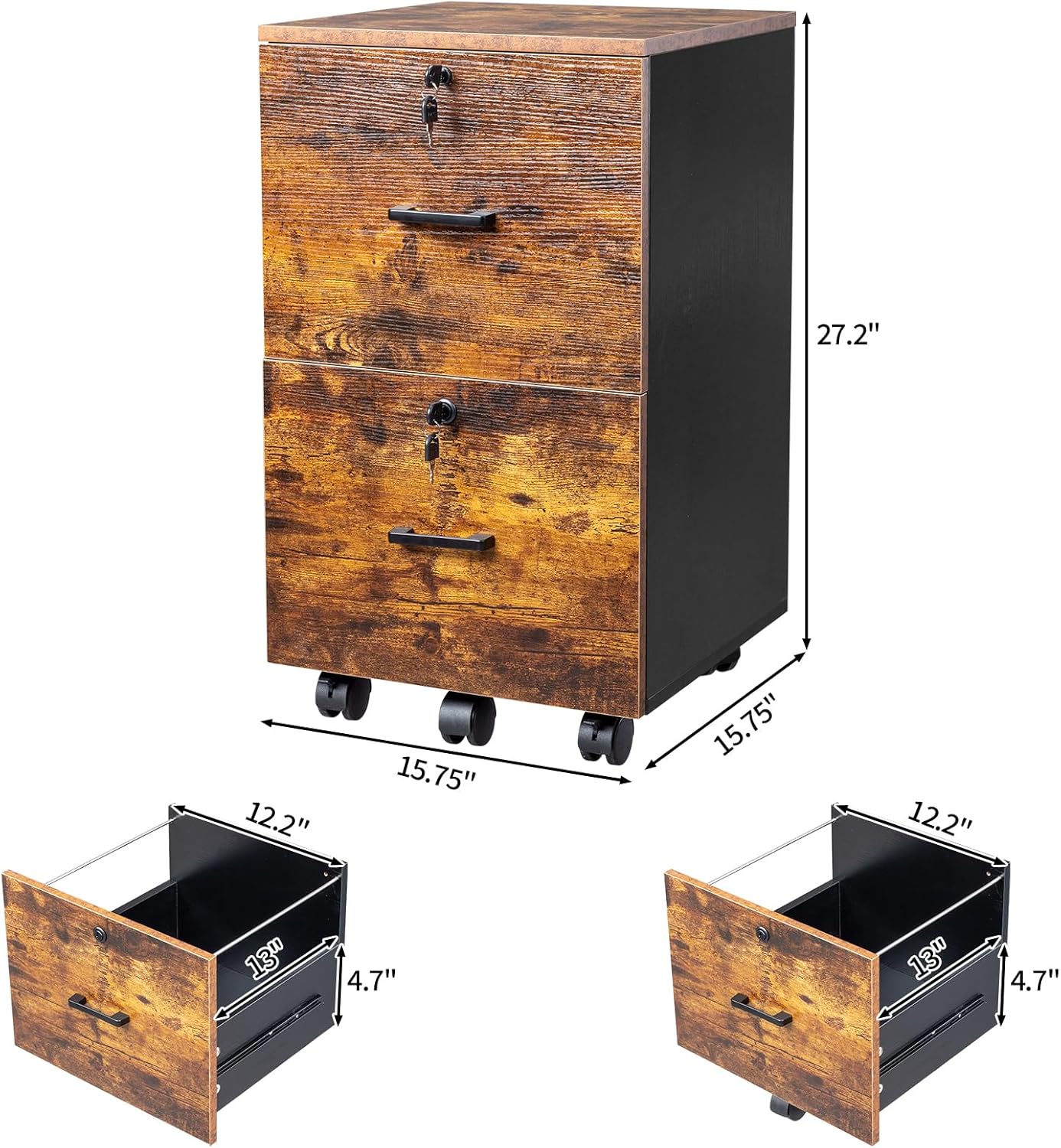 VINGLI 2-Drawer Small Rolling File Cabinet with Lock, Wood Filing Cabinet for Hanging Letter Size Filings with Tabs, Mobile Under Desk File Cabinets for Home Office, Rustic Brown & Black, 27.2" H