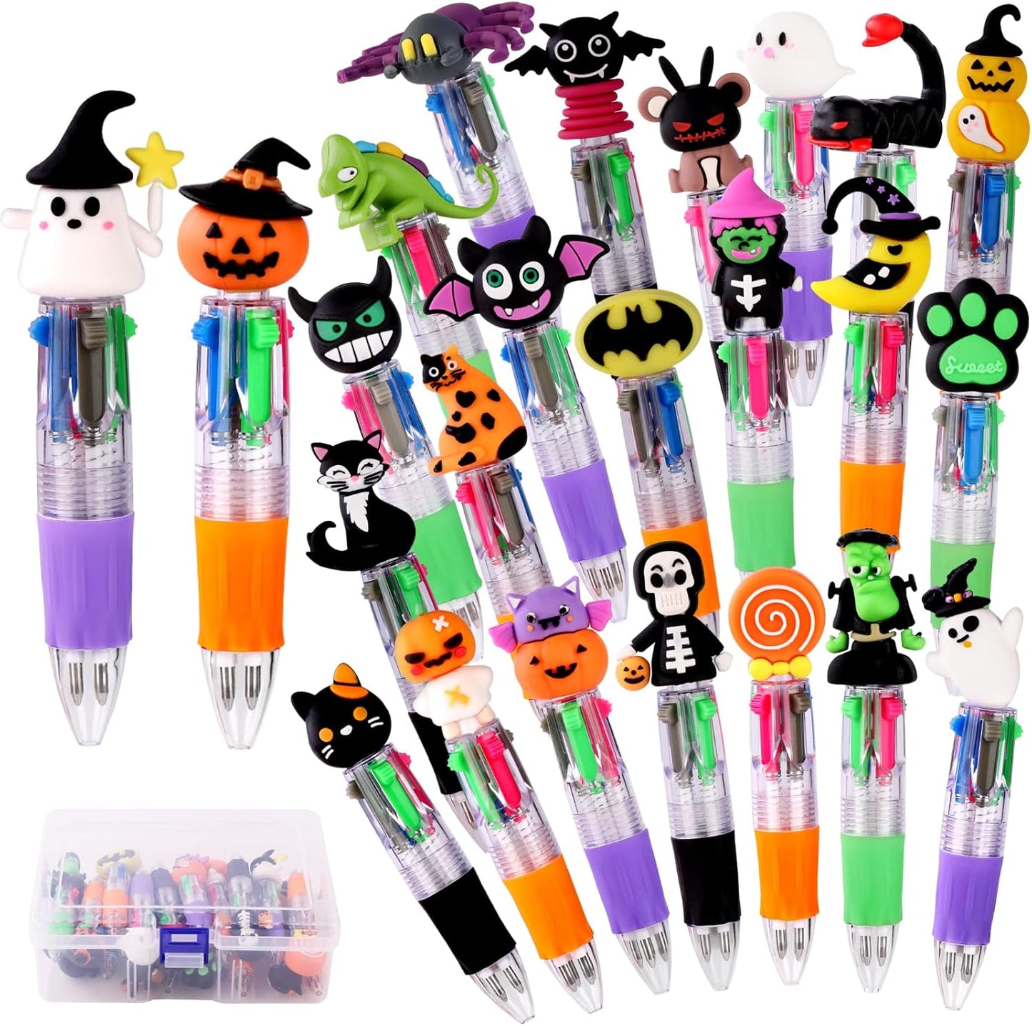 24PCS Halloween Multicolor Ballpoint Pens 4 Colors in 1 Retractable 0.7mm Cartoon Cute Fun Pens for Kids Ghost Pumpkin Writing tationery for Holiday Party School Supplies Students Rewards